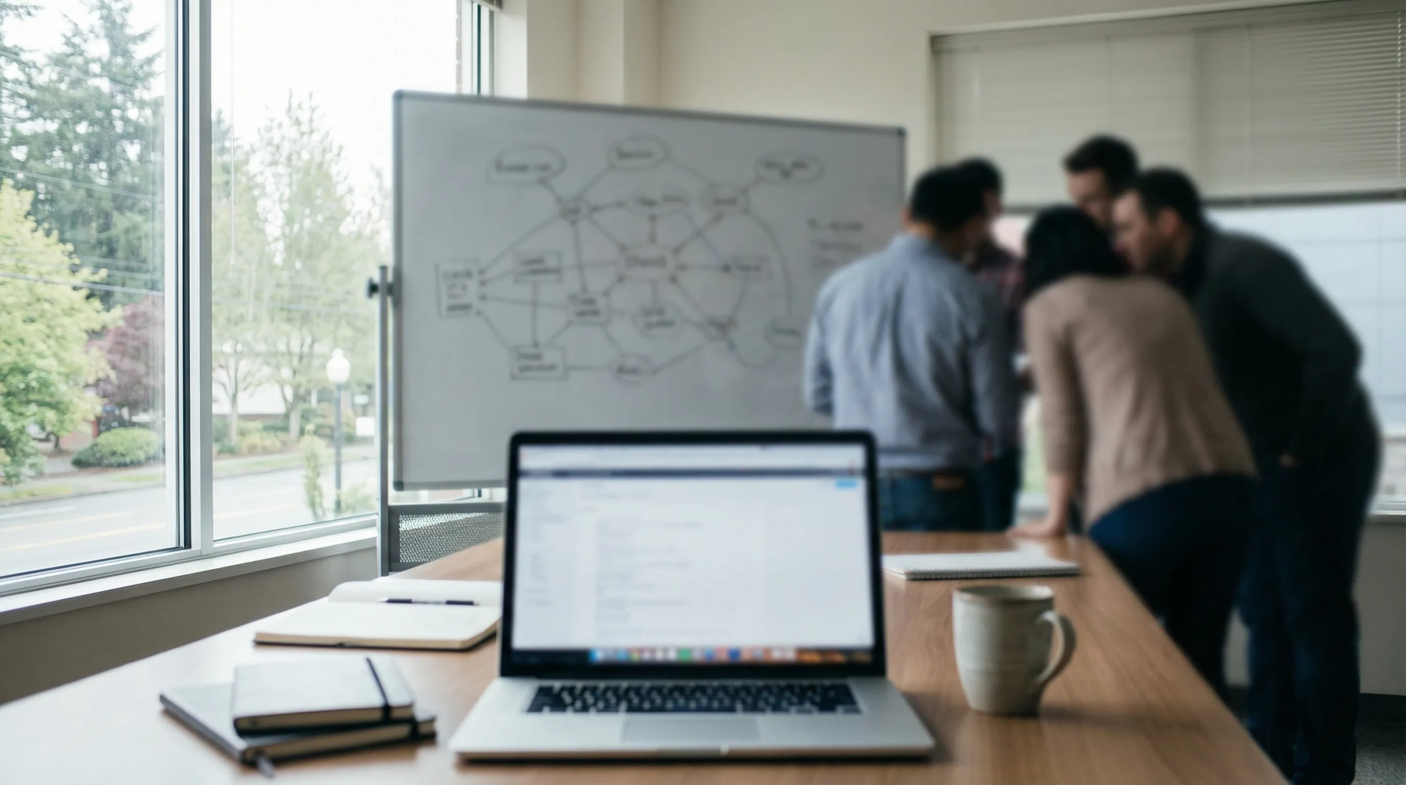 IT professional at a multi-monitor workstation with network monitoring dashboards in a modern Bellevue office, glass-paneled server room visible behind them, downtown Bellevue skyline through office windows.