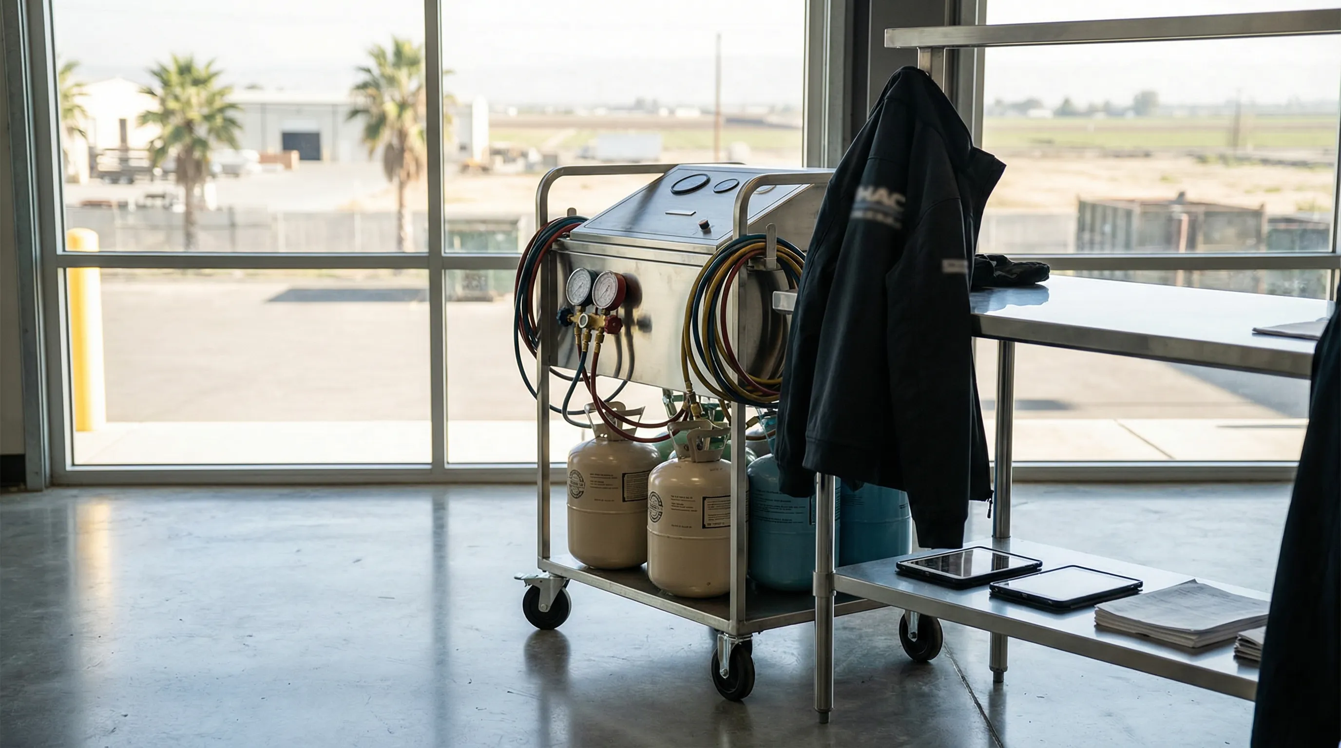 Professional HVAC technician workspace with diagnostic gauges, refrigerant cylinders, and organized tool cases in a Pomona service facility, with palm trees and flat San Gabriel Valley terrain visible through the shop window under intense California midday