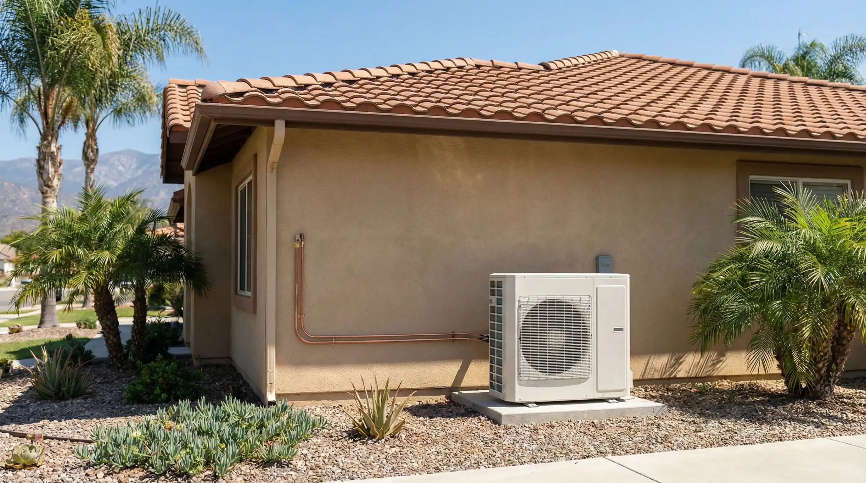 Professional HVAC technician workspace with diagnostic gauges, refrigerant cylinders, and organized tool cases in a Pomona service facility, with palm trees and flat San Gabriel Valley terrain visible through the shop window under intense California midday