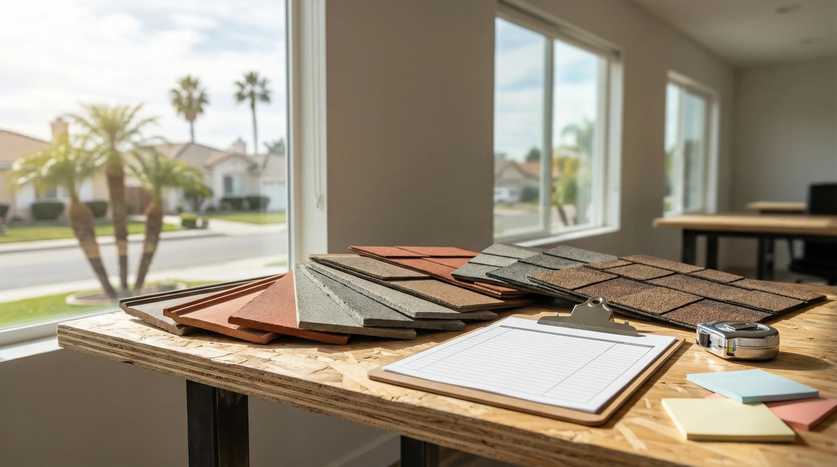 Roofing contractor sample desk with fanned clay tile, concrete tile, and composition shingle swatches in warm earth tones beside a clipboard with a bid sheet, tape measure, and color-coded material notes, with a Pomona residential street visible through th