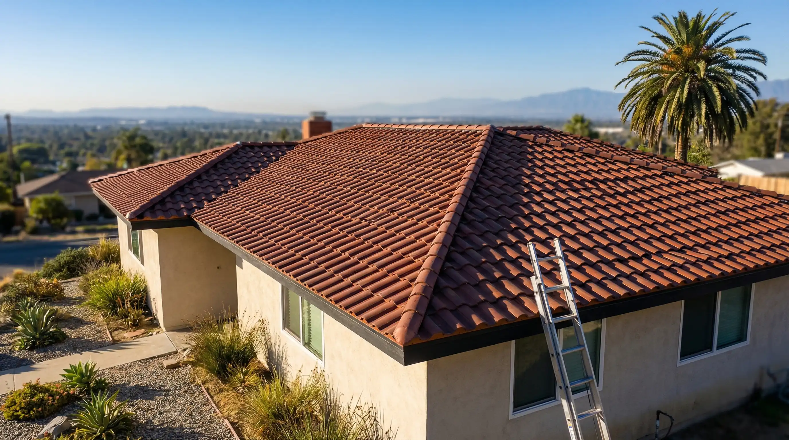 Roofing contractor sample desk with fanned clay tile, concrete tile, and composition shingle swatches in warm earth tones beside a clipboard with a bid sheet, tape measure, and color-coded material notes, with a Pomona residential street visible through th