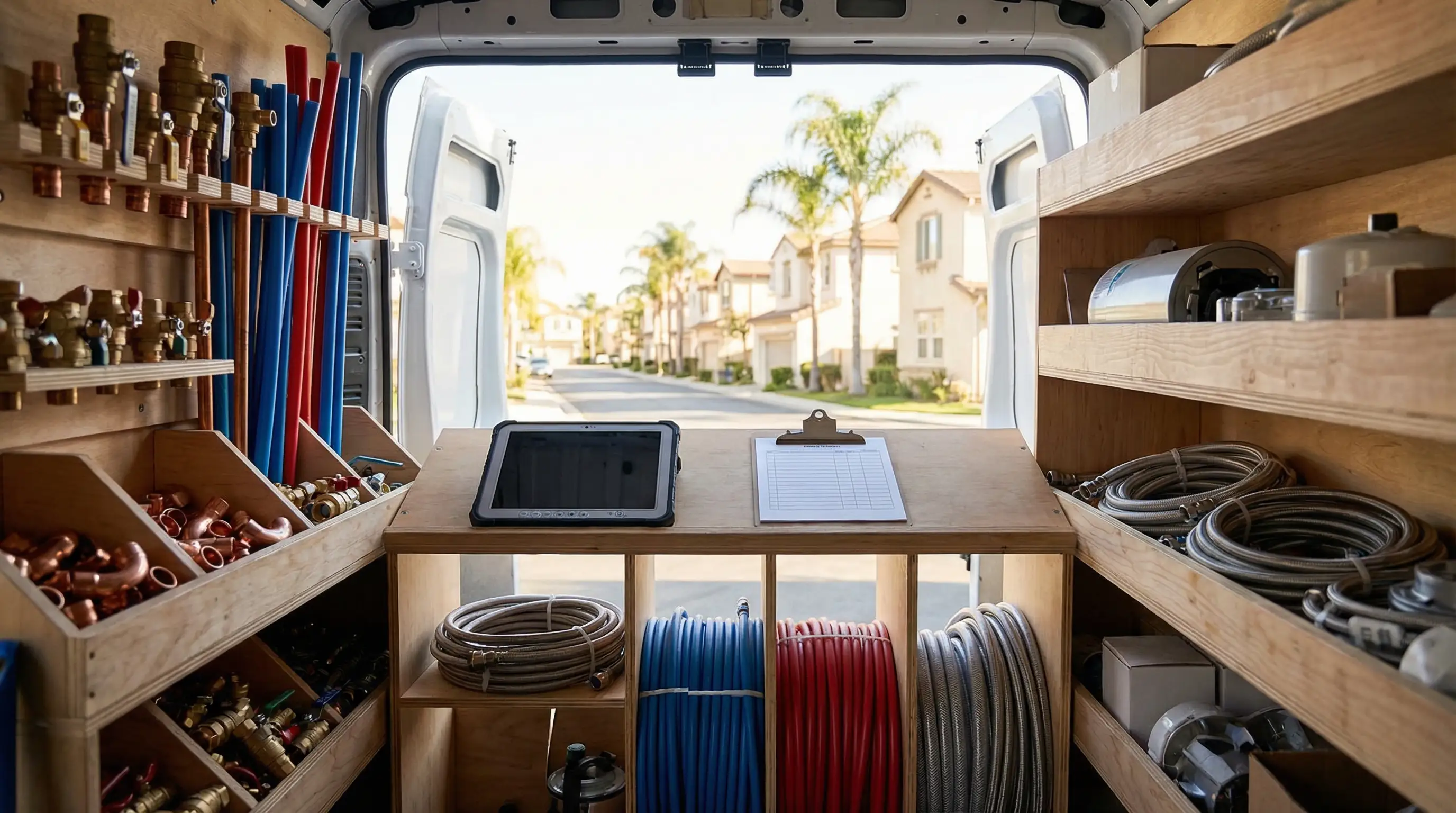 Plumbing service van interior with organized rack system showing labeled PVC fittings, copper elbows, ball valves, water heater parts, and coiled flexible supply lines, back doors open to a Pomona residential street with stucco homes and palm trees under b