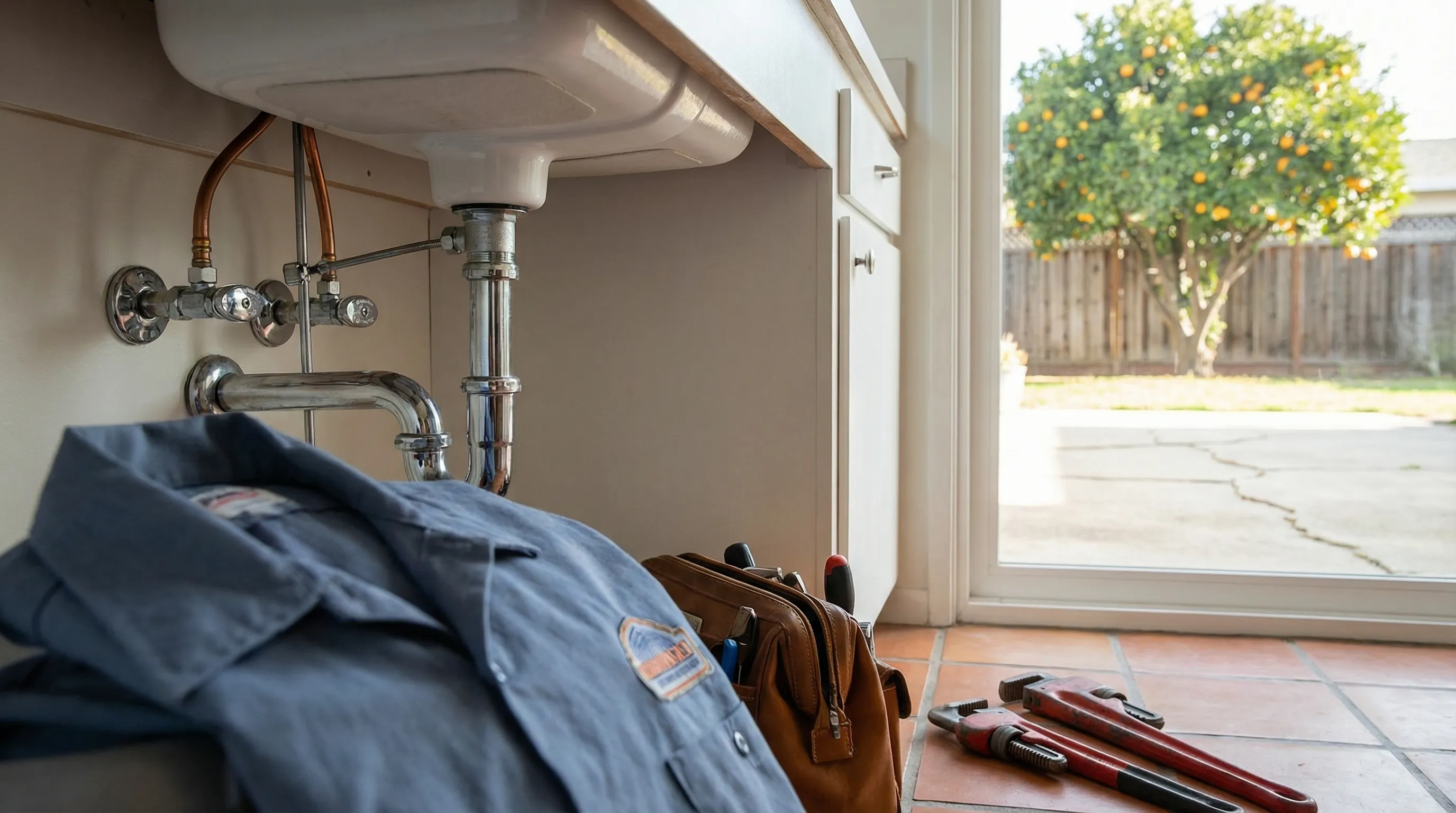 Plumbing service van interior with organized rack system showing labeled PVC fittings, copper elbows, ball valves, water heater parts, and coiled flexible supply lines, back doors open to a Pomona residential street with stucco homes and palm trees under b