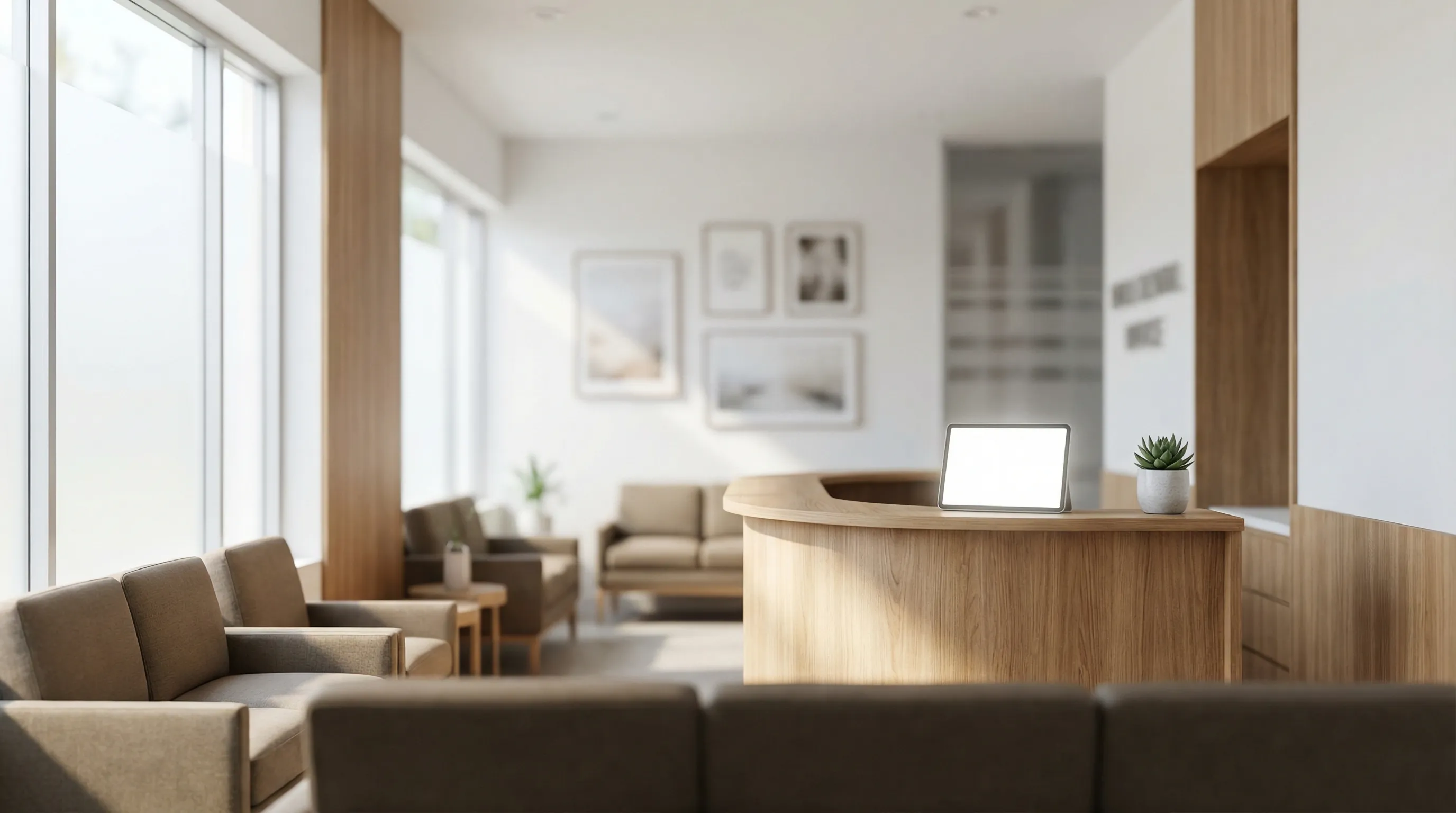 Modern dental treatment room with a white leather patient chair, overhead lamp, organized dental tray, wall-mounted digital X-ray panel, and a dentist in blue scrubs reviewing results with a patient, polished tile floors and soft SoCal afternoon light thro