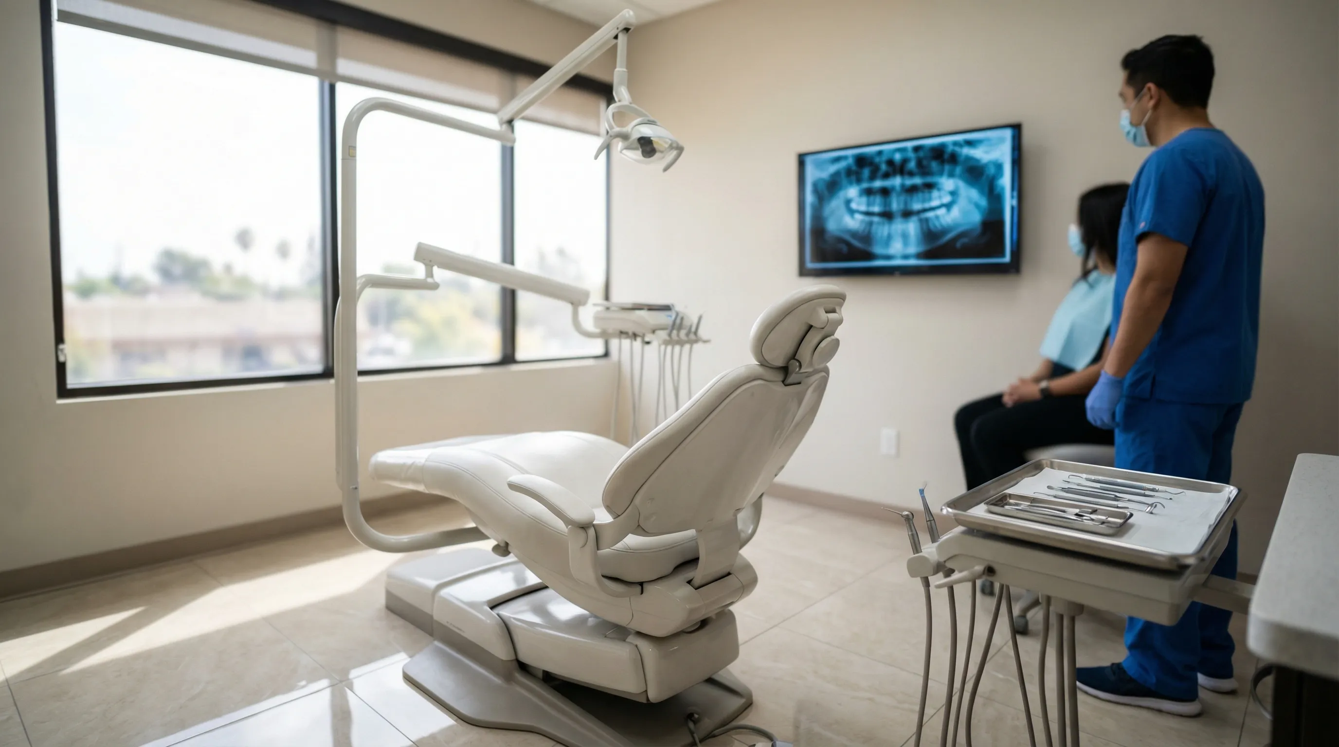 Modern dental treatment room with a white leather patient chair, overhead lamp, organized dental tray, wall-mounted digital X-ray panel, and a dentist in blue scrubs reviewing results with a patient, polished tile floors and soft SoCal afternoon light thro
