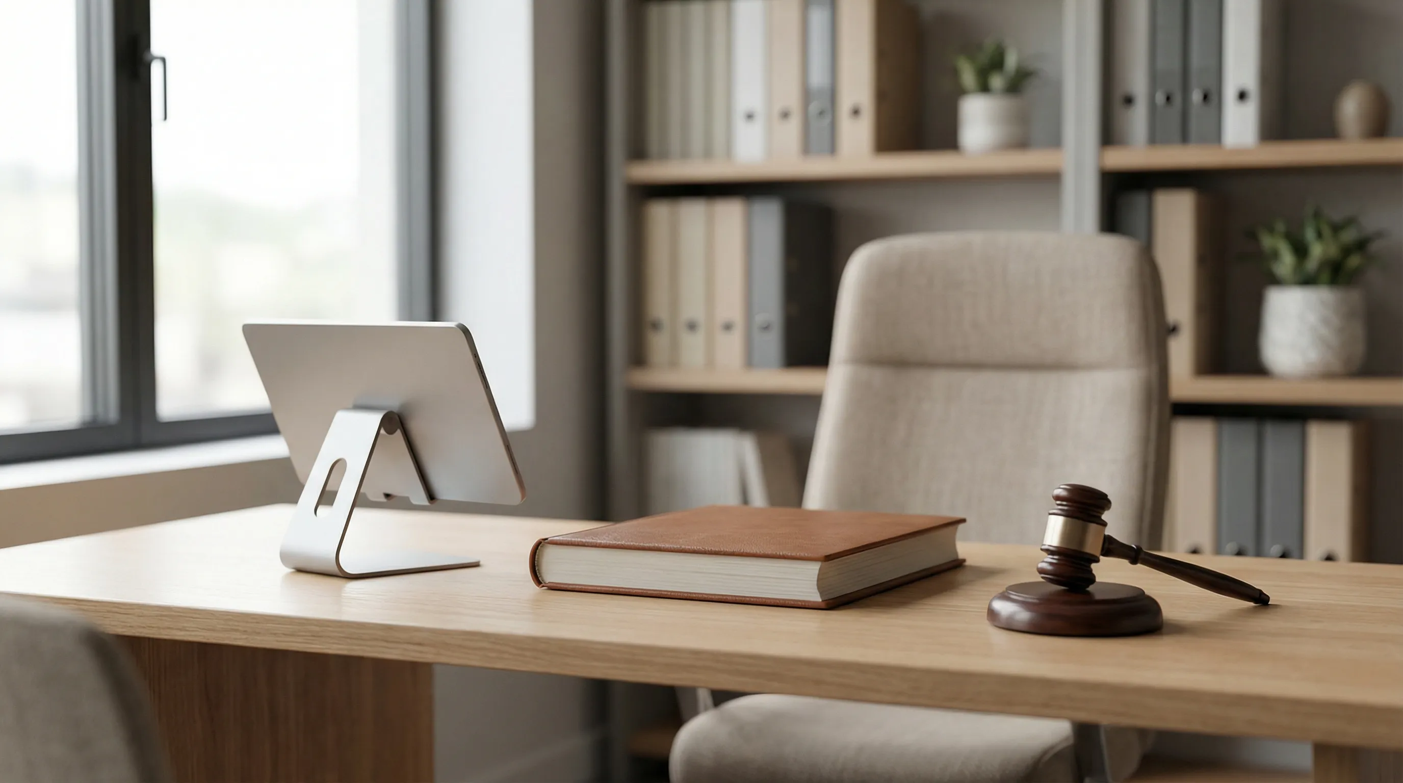 Professional personal injury law office reception in Pomona with dark wood paneling, leather chairs, dual monitors at the intake desk, and a bilingual Se Habla Español sign displayed at the curved reception counter with the SR-57 freeway overpass visible t