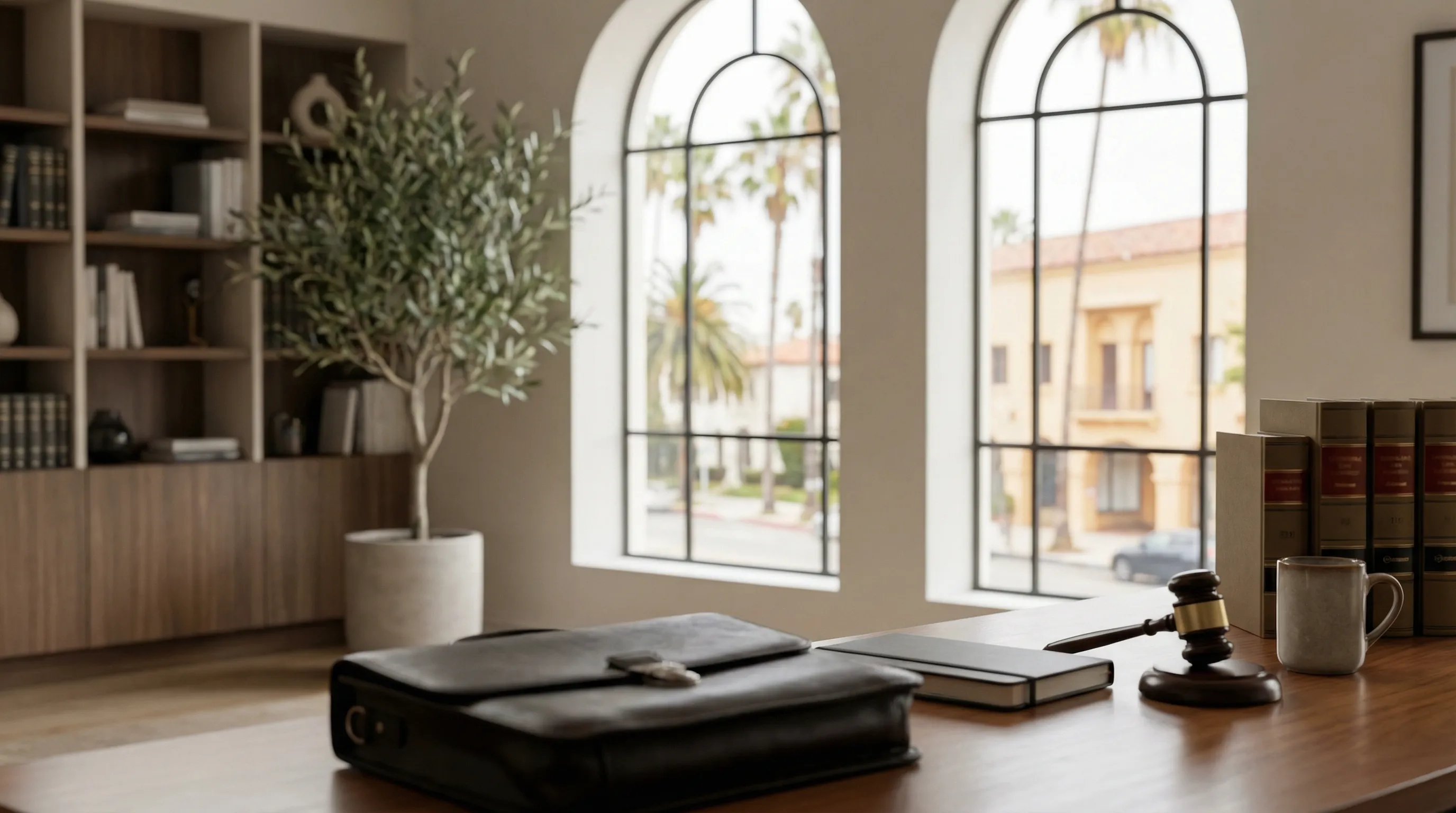 Professional personal injury law office reception in Pomona with dark wood paneling, leather chairs, dual monitors at the intake desk, and a bilingual Se Habla Español sign displayed at the curved reception counter with the SR-57 freeway overpass visible t