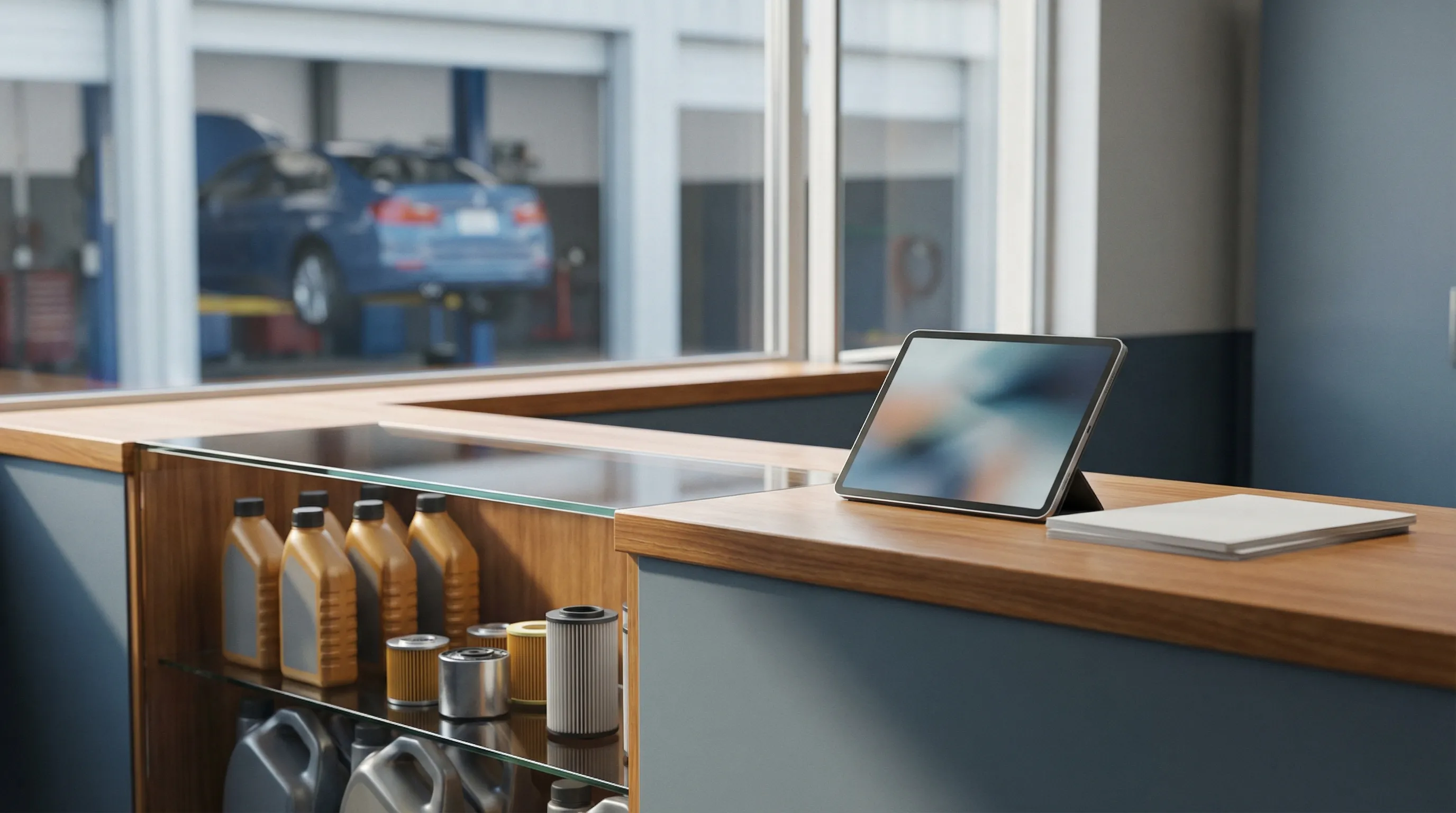Clean automotive repair bay in a Pomona shop with a raised BMW sedan on a hydraulic lift, a technician in a branded shop uniform inspecting the underbody with a work light, organized tool chests behind the lift, and the flat Pomona commercial strip with pa