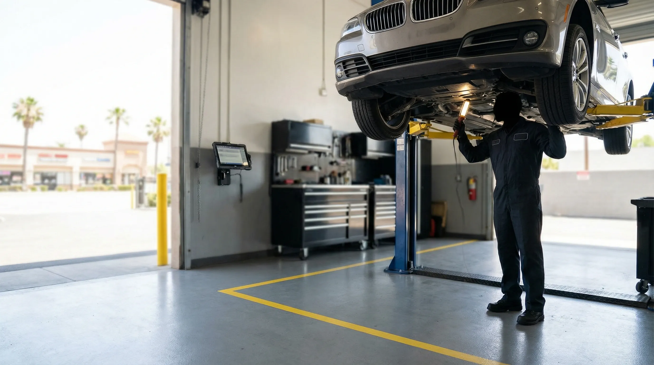 Clean automotive repair bay in a Pomona shop with a raised BMW sedan on a hydraulic lift, a technician in a branded shop uniform inspecting the underbody with a work light, organized tool chests behind the lift, and the flat Pomona commercial strip with pa