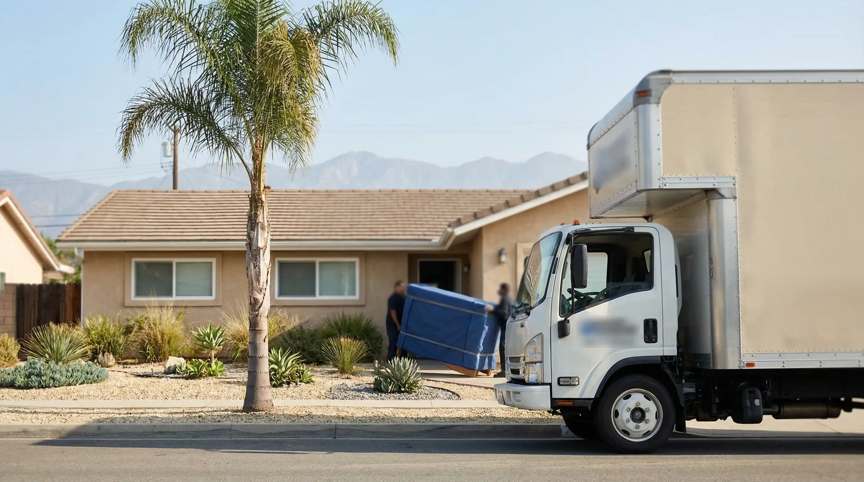 Branded moving truck parked in front of a Pomona stucco ranch home with a crew carrying wrapped furniture through the front door, San Gabriel Mountains visible in the background, a queen palm at the curb, and the CPUC permit number visible on the truck doo