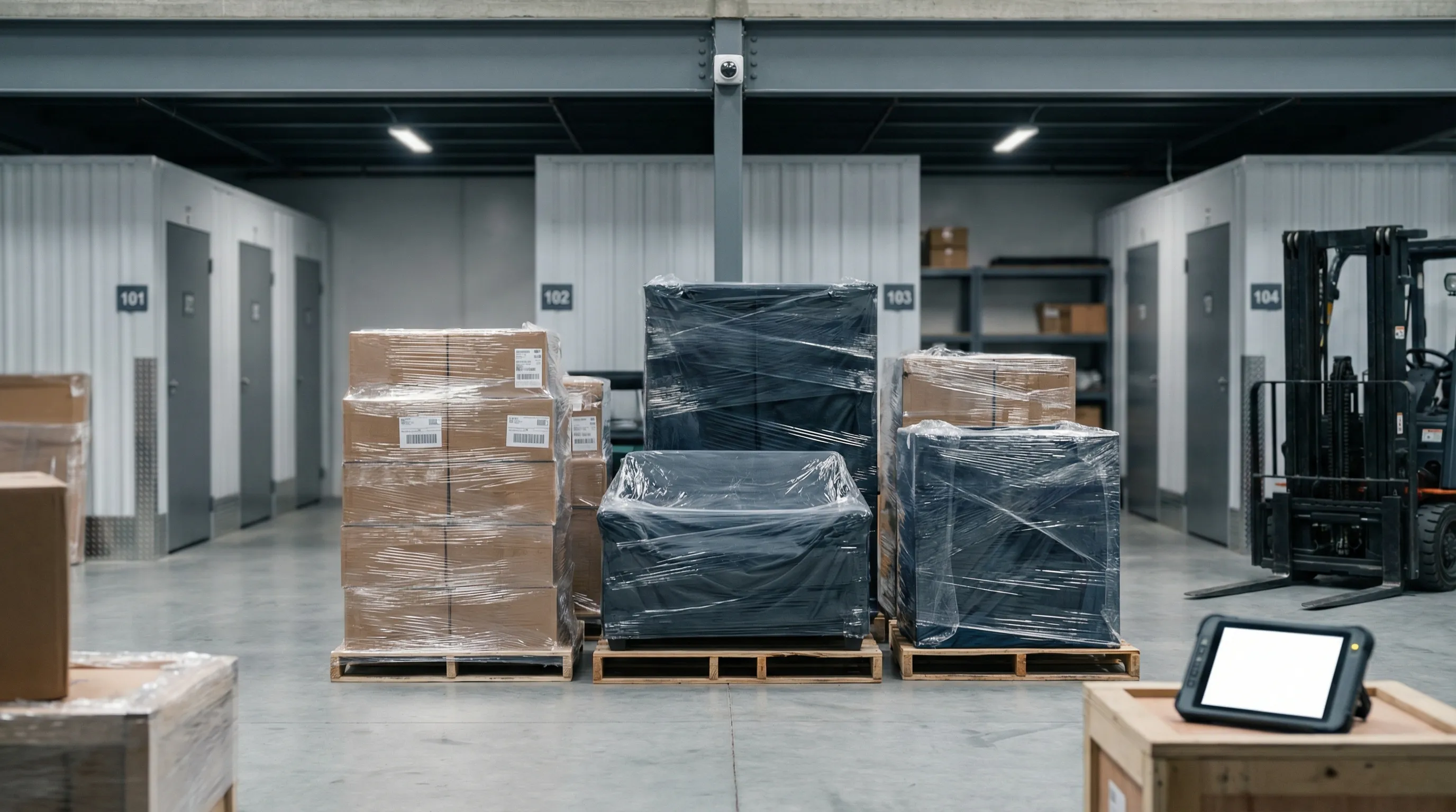 Branded moving truck parked in front of a Pomona stucco ranch home with a crew carrying wrapped furniture through the front door, San Gabriel Mountains visible in the background, a queen palm at the curb, and the CPUC permit number visible on the truck doo