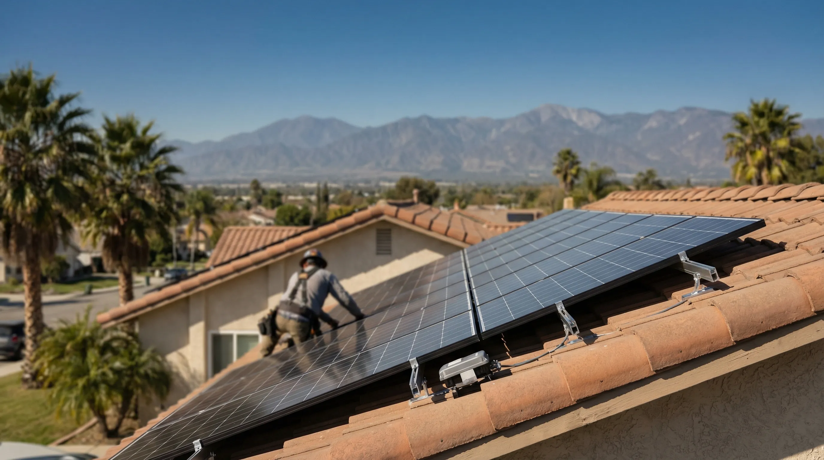 Solar installation crew securing monocrystalline panels to racking on a mid-century Pomona stucco ranch home under intense direct California sun, San Gabriel Mountains rising sharply in the background against deep blue inland sky, mature palm trees flankin