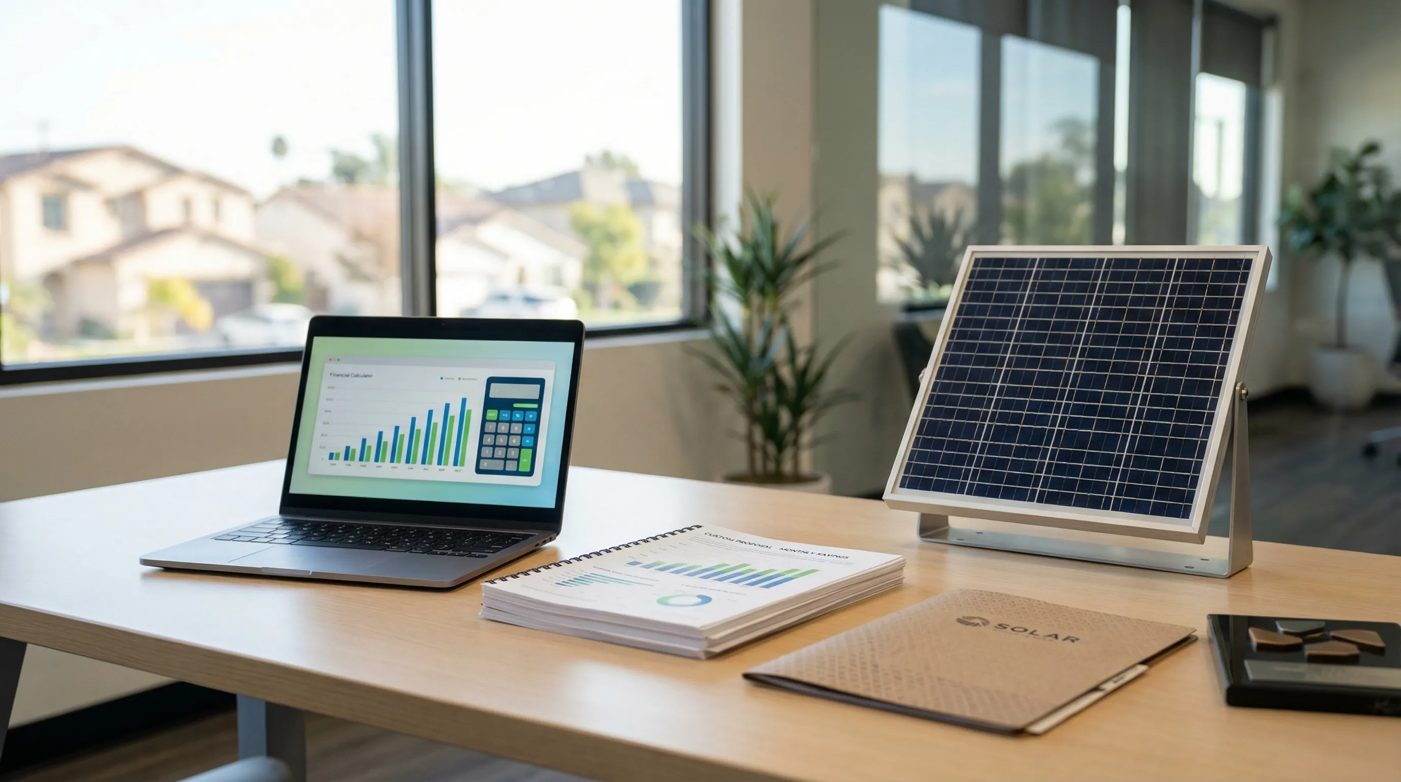 Solar installation crew securing monocrystalline panels to racking on a mid-century Pomona stucco ranch home under intense direct California sun, San Gabriel Mountains rising sharply in the background against deep blue inland sky, mature palm trees flankin