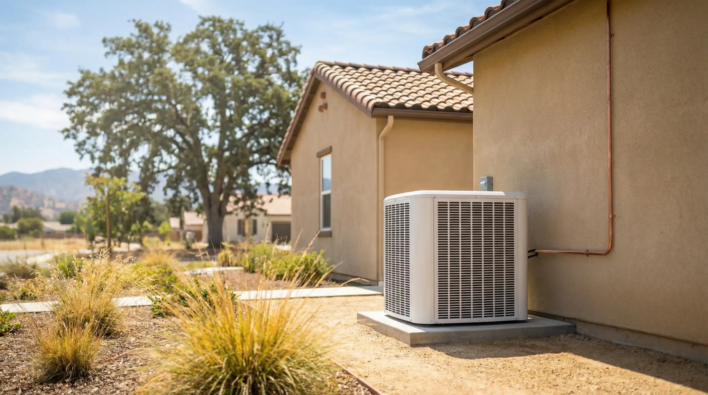 Professional HVAC technician servicing a high-efficiency condenser unit in a Roseville, CA suburban backyard
