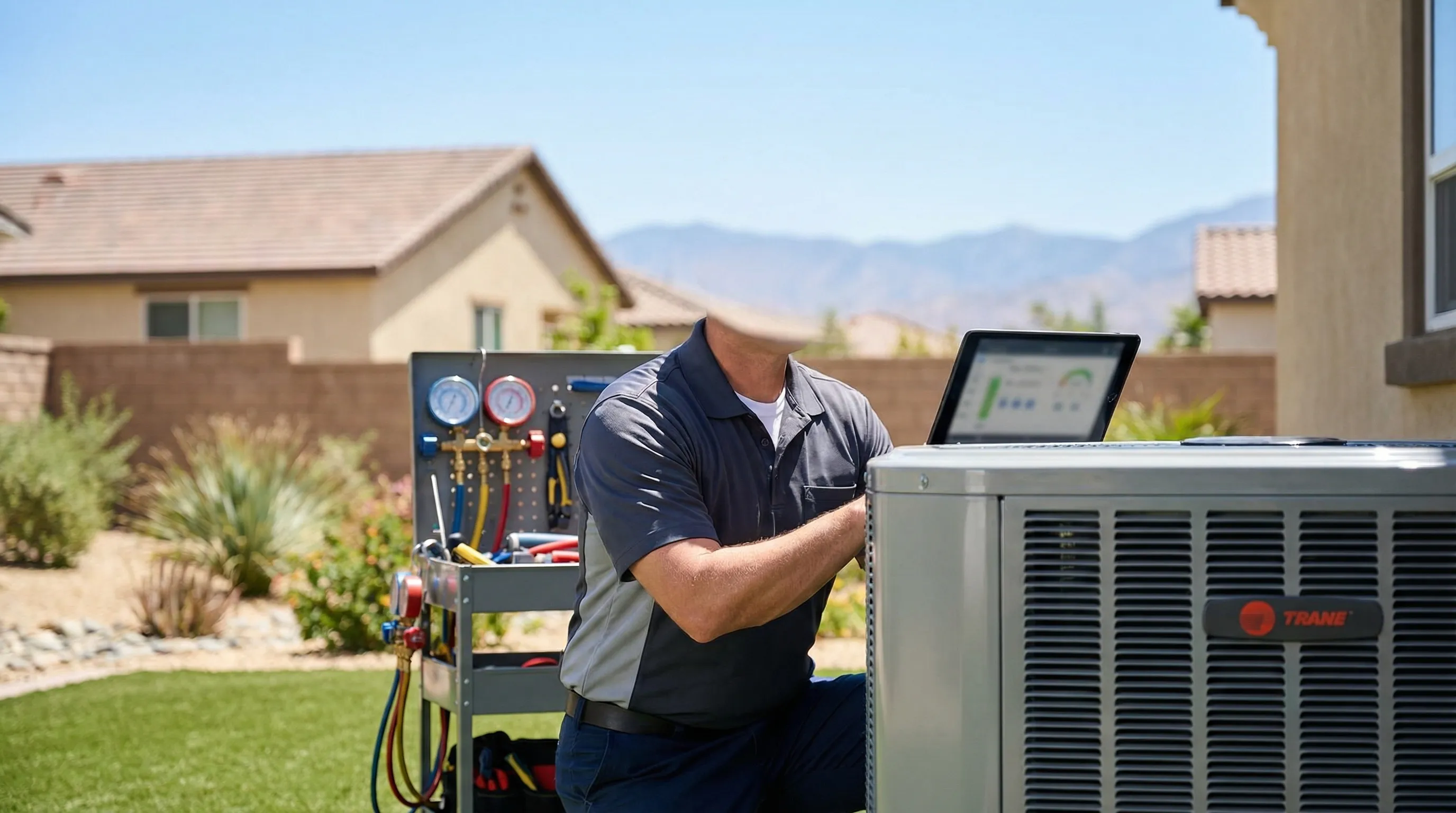 Professional HVAC technician servicing a high-efficiency condenser unit in a Roseville, CA suburban backyard