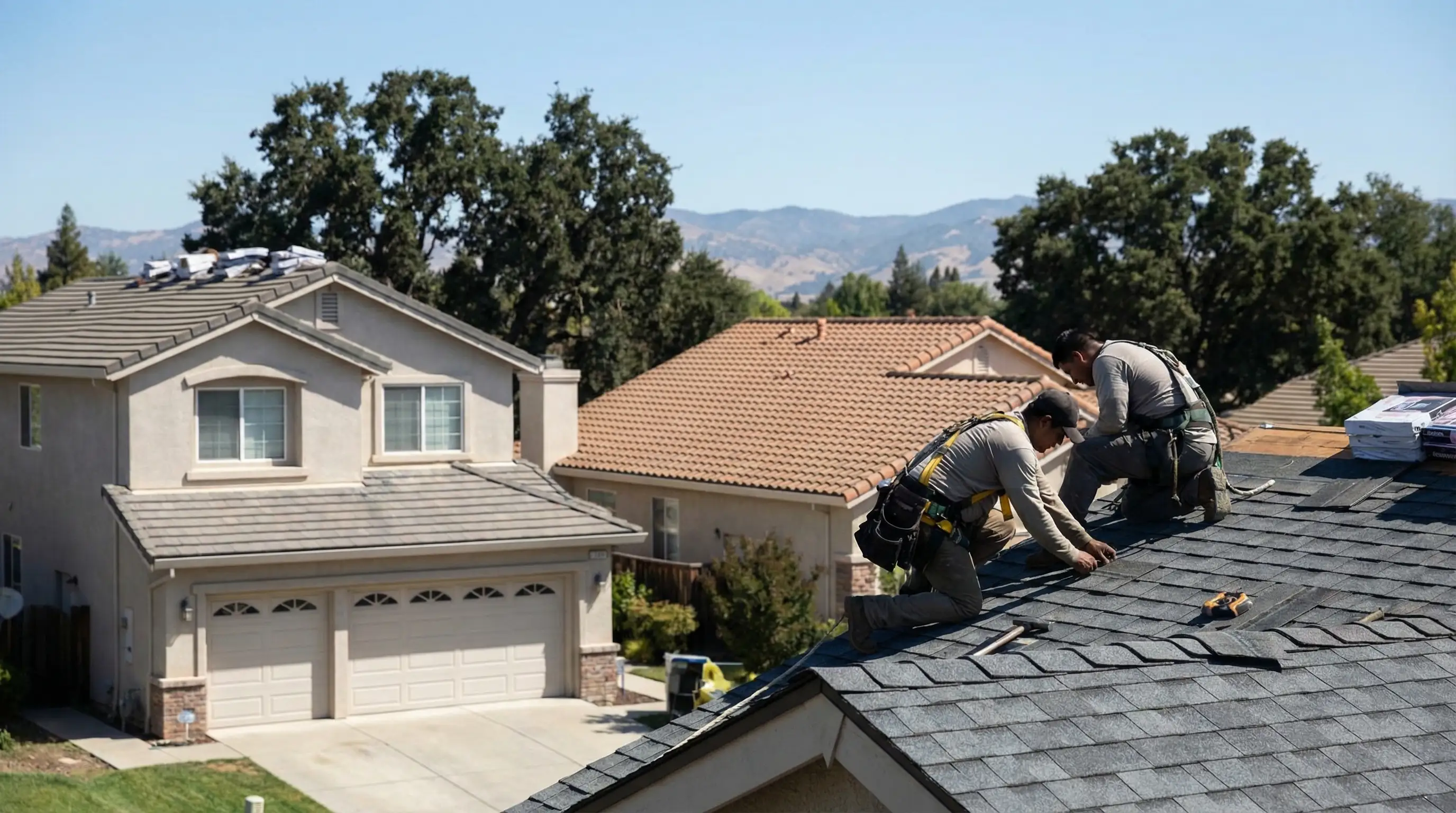 Professional roofing contractor reviewing a completed tile roof installation on a Roseville, CA suburban home