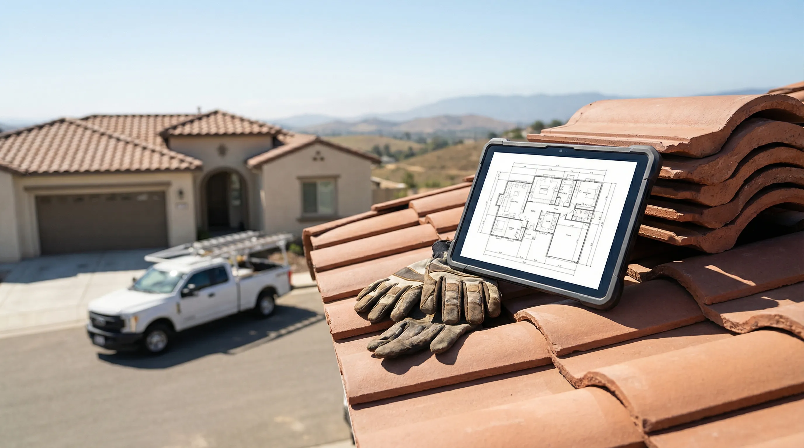 Professional roofing contractor reviewing a completed tile roof installation on a Roseville, CA suburban home