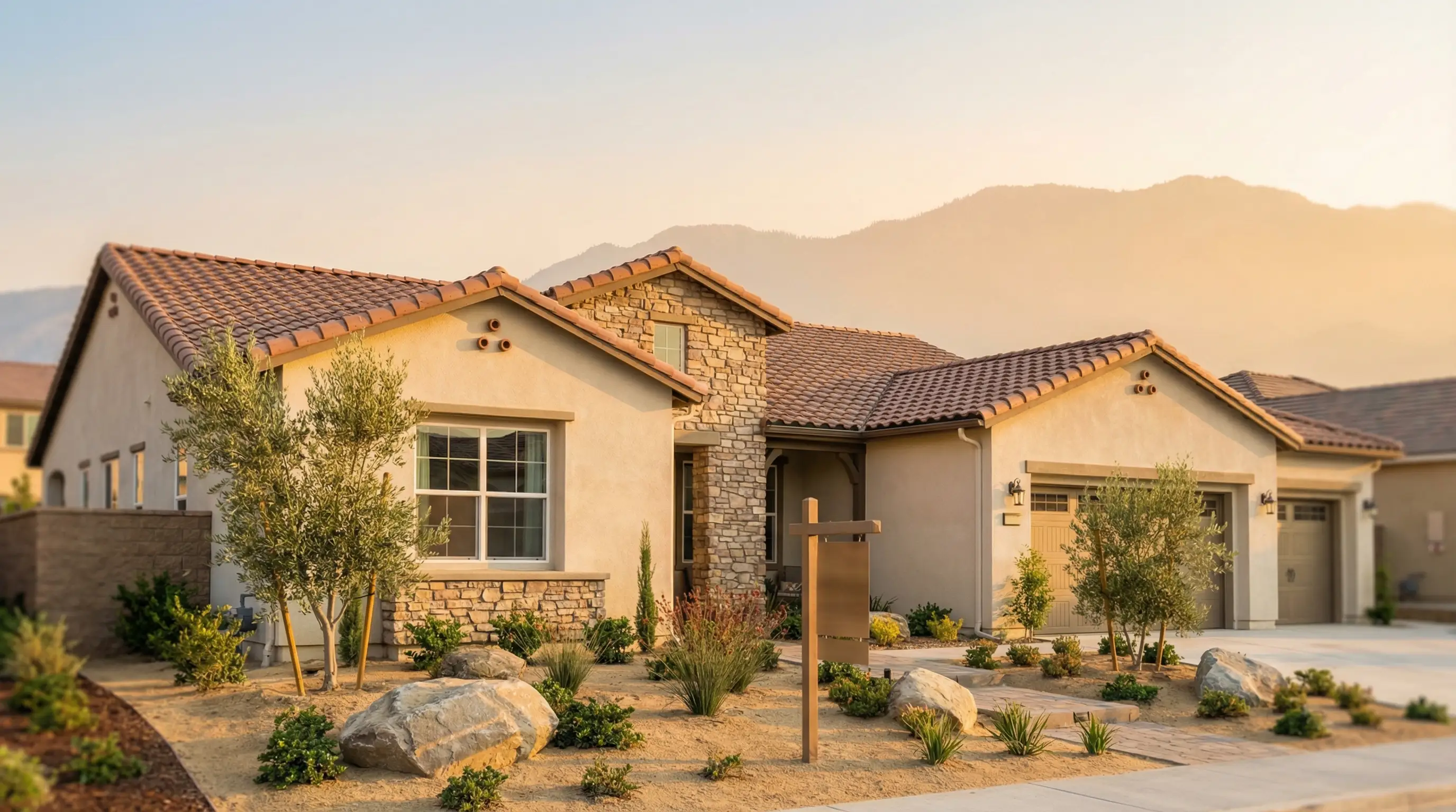 Real estate agent and couple reviewing home purchase paperwork at a modern Roseville, CA property with suburban neighborhood in background