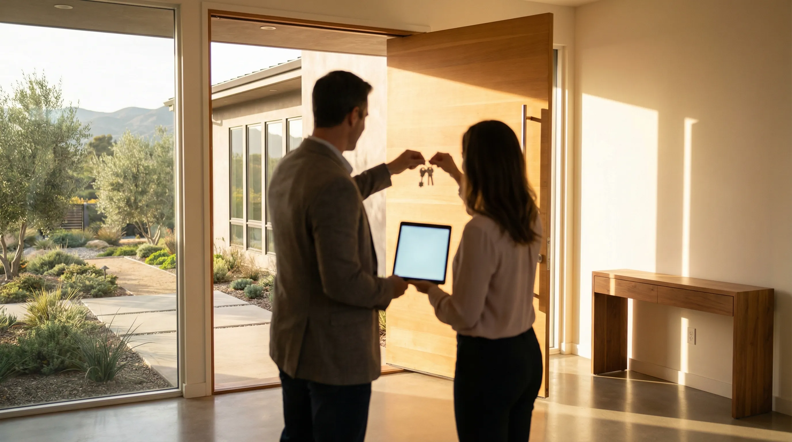 Real estate agent and couple reviewing home purchase paperwork at a modern Roseville, CA property with suburban neighborhood in background