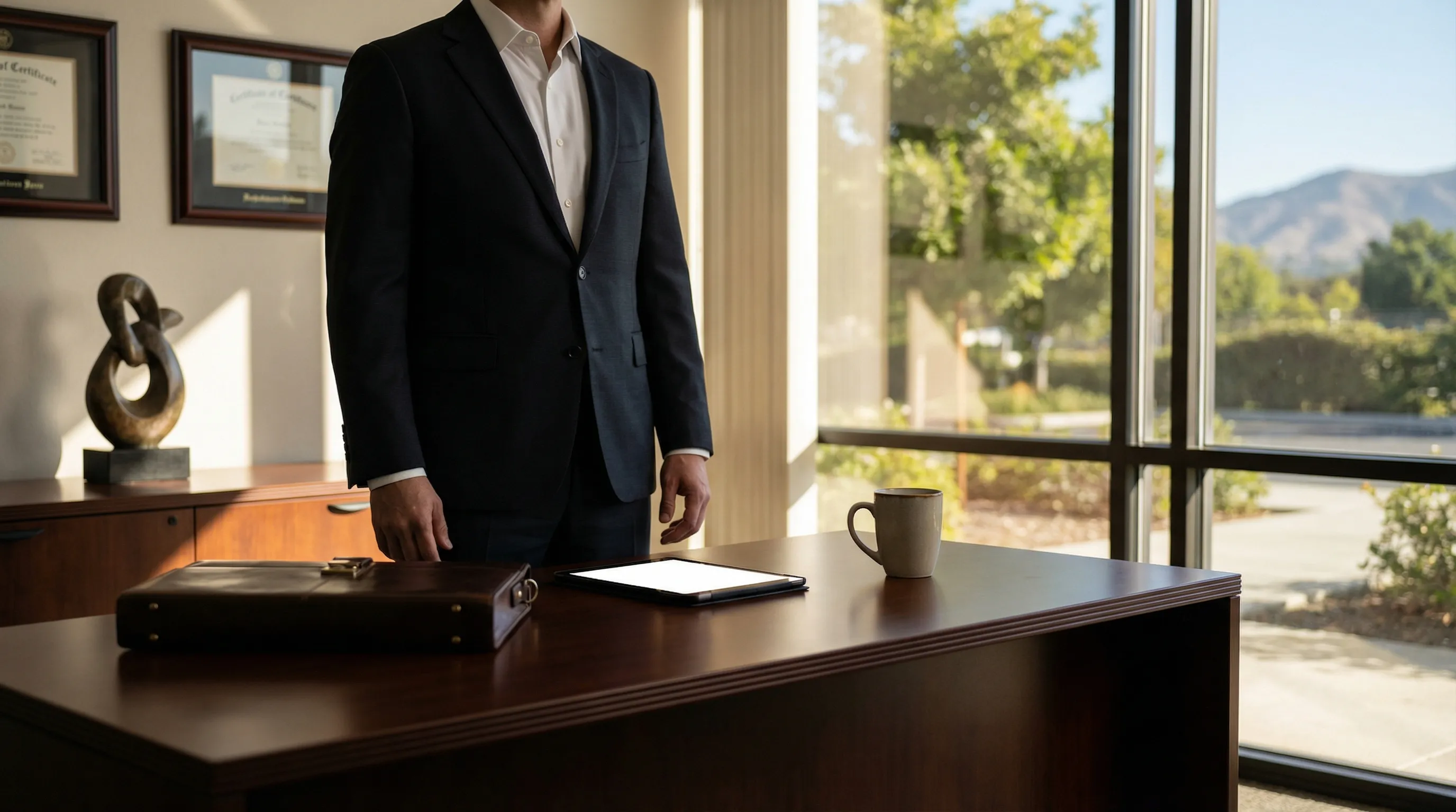 Professional attorney in a well-appointed Roseville, CA law office reviewing case documents with a confident and trustworthy demeanor