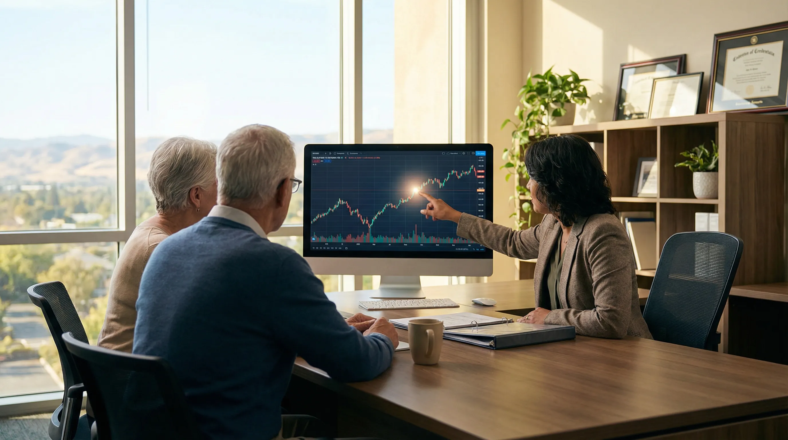 Financial advisor and couple reviewing retirement income projection on a monitor in a professional Roseville, CA wealth management office