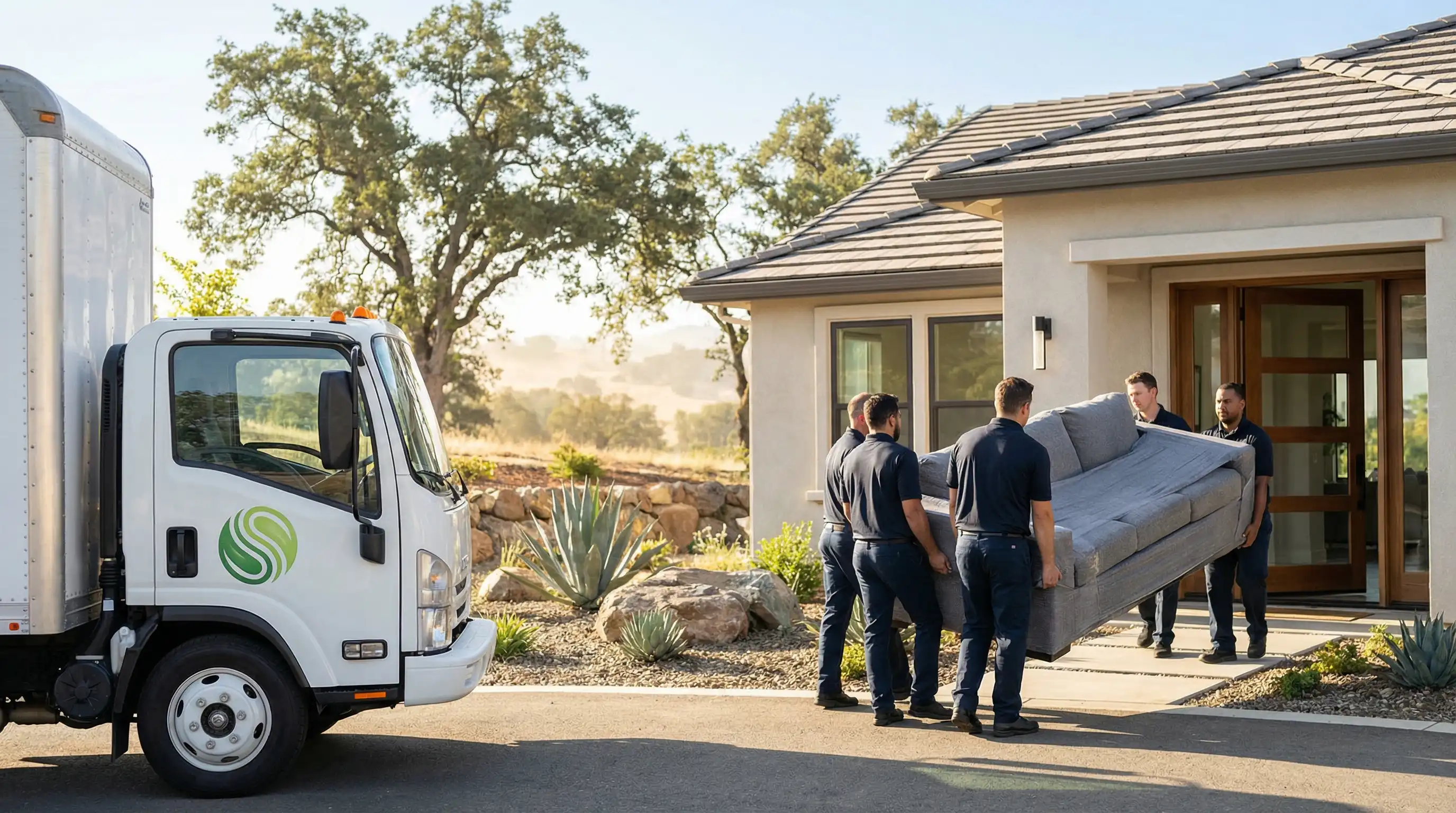 Professional moving crew carefully loading furniture into a branded moving truck at a new Roseville, CA master-planned home on a clear day
