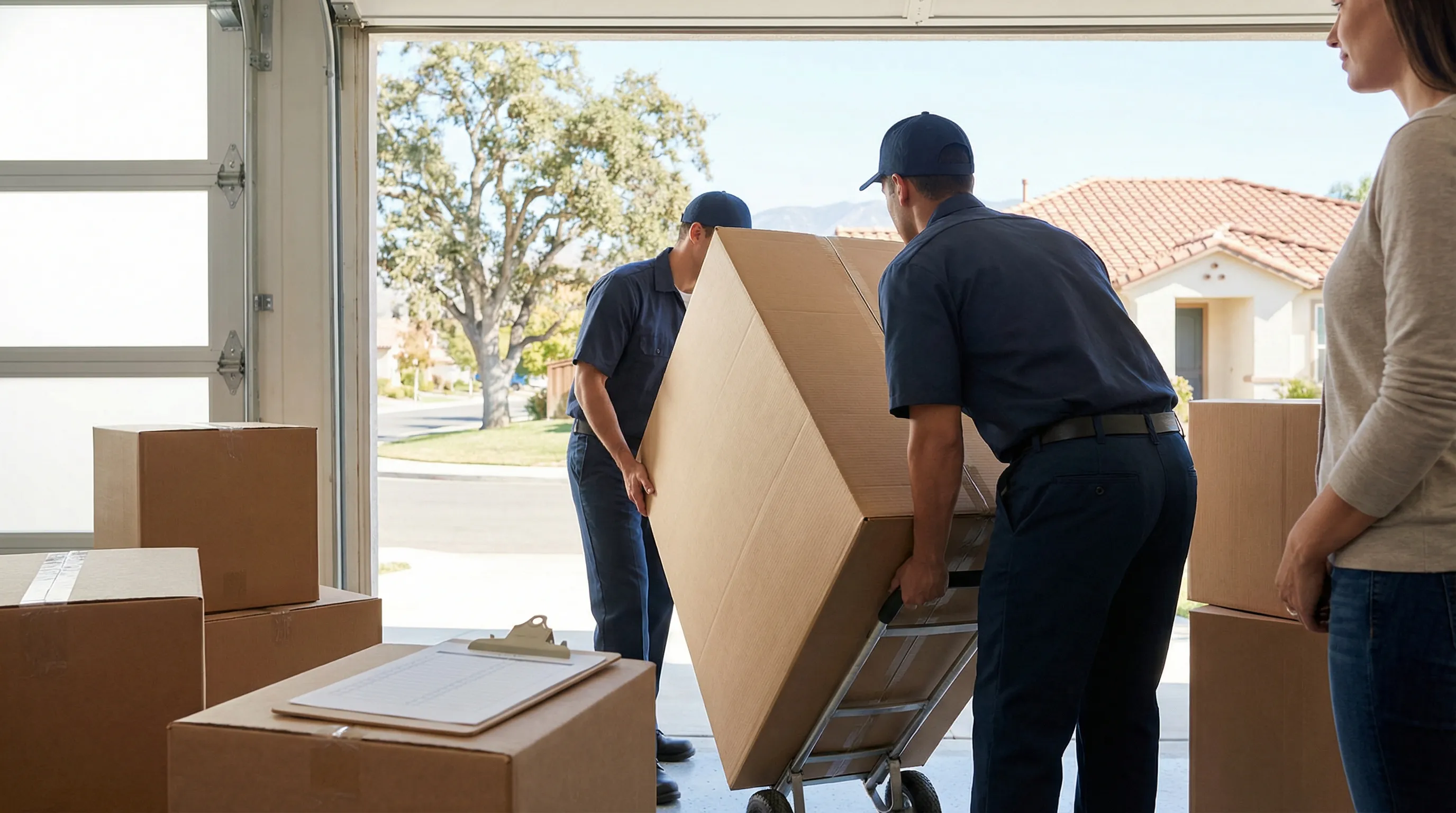 Professional moving crew carefully loading furniture into a branded moving truck at a new Roseville, CA master-planned home on a clear day