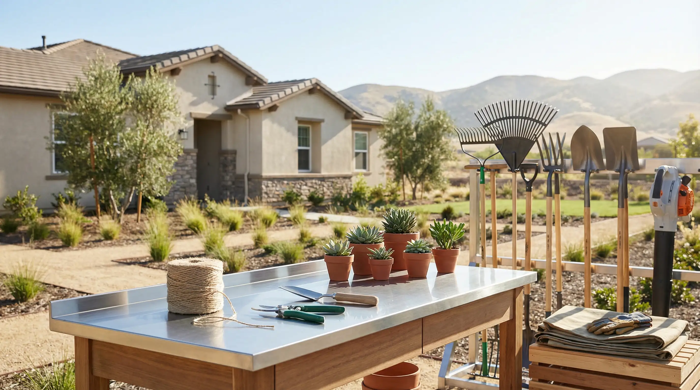 Professional landscaper adjusting drip irrigation in a newly installed drought-tolerant front yard in Roseville, CA