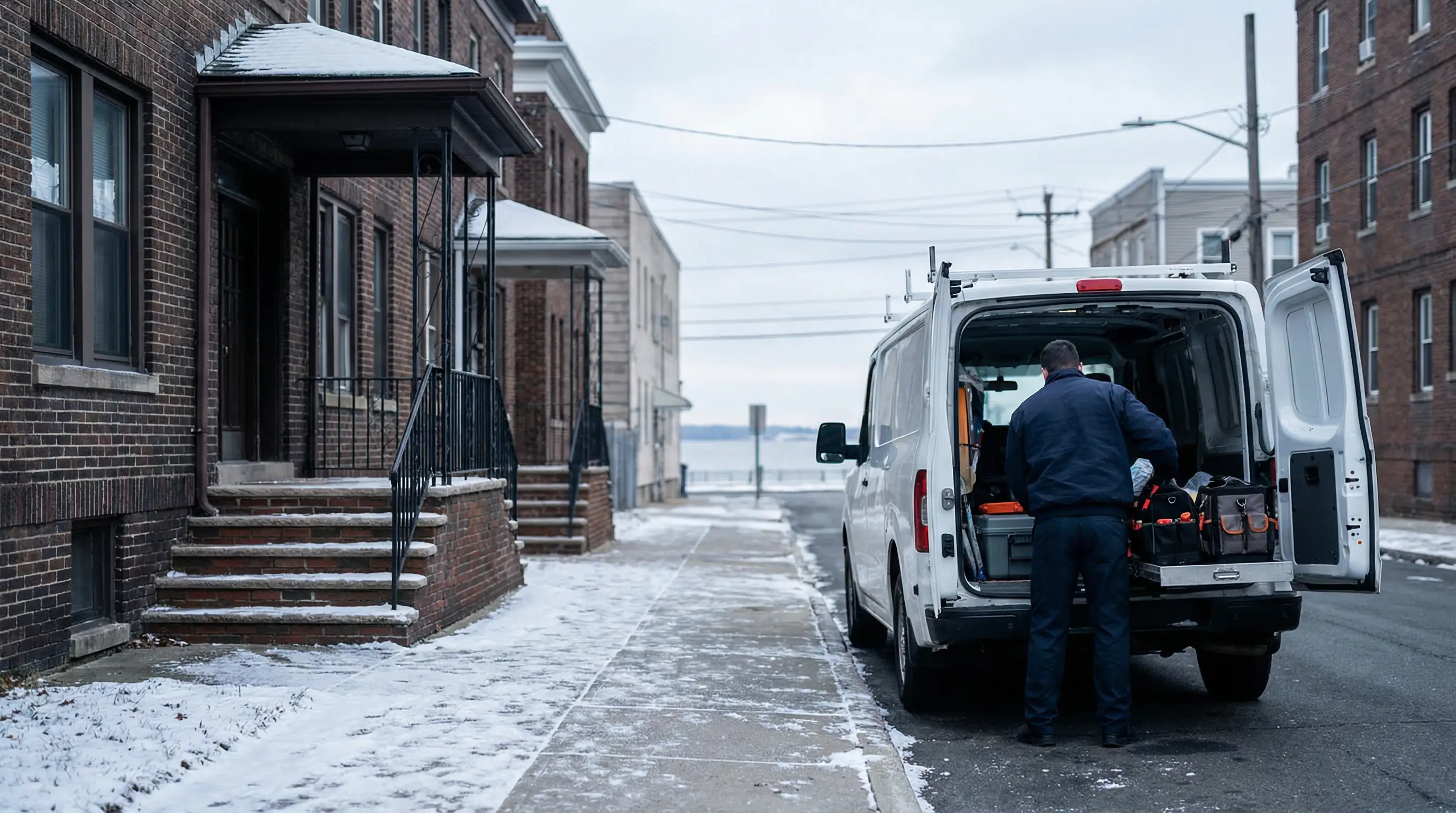 Professional HVAC technician servicing a cast-iron steam boiler in a pre-war Bridgeport, CT home basement