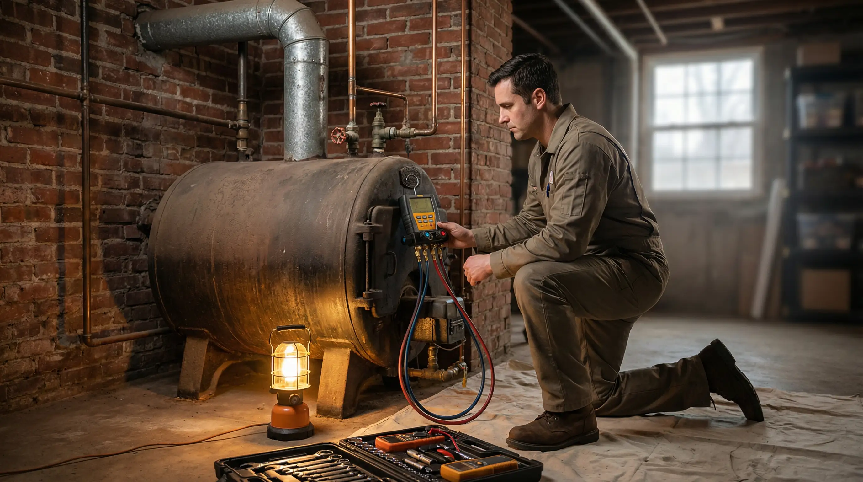 Professional HVAC technician servicing a cast-iron steam boiler in a pre-war Bridgeport, CT home basement