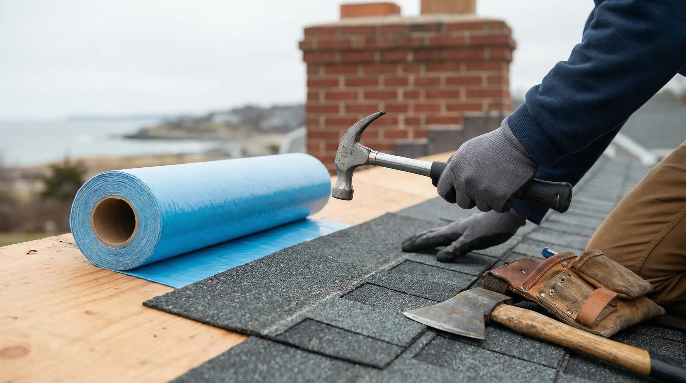 Roofing contractor installing new GAF shingles over WinterGuard underlayment on a Bridgeport, CT residential roof