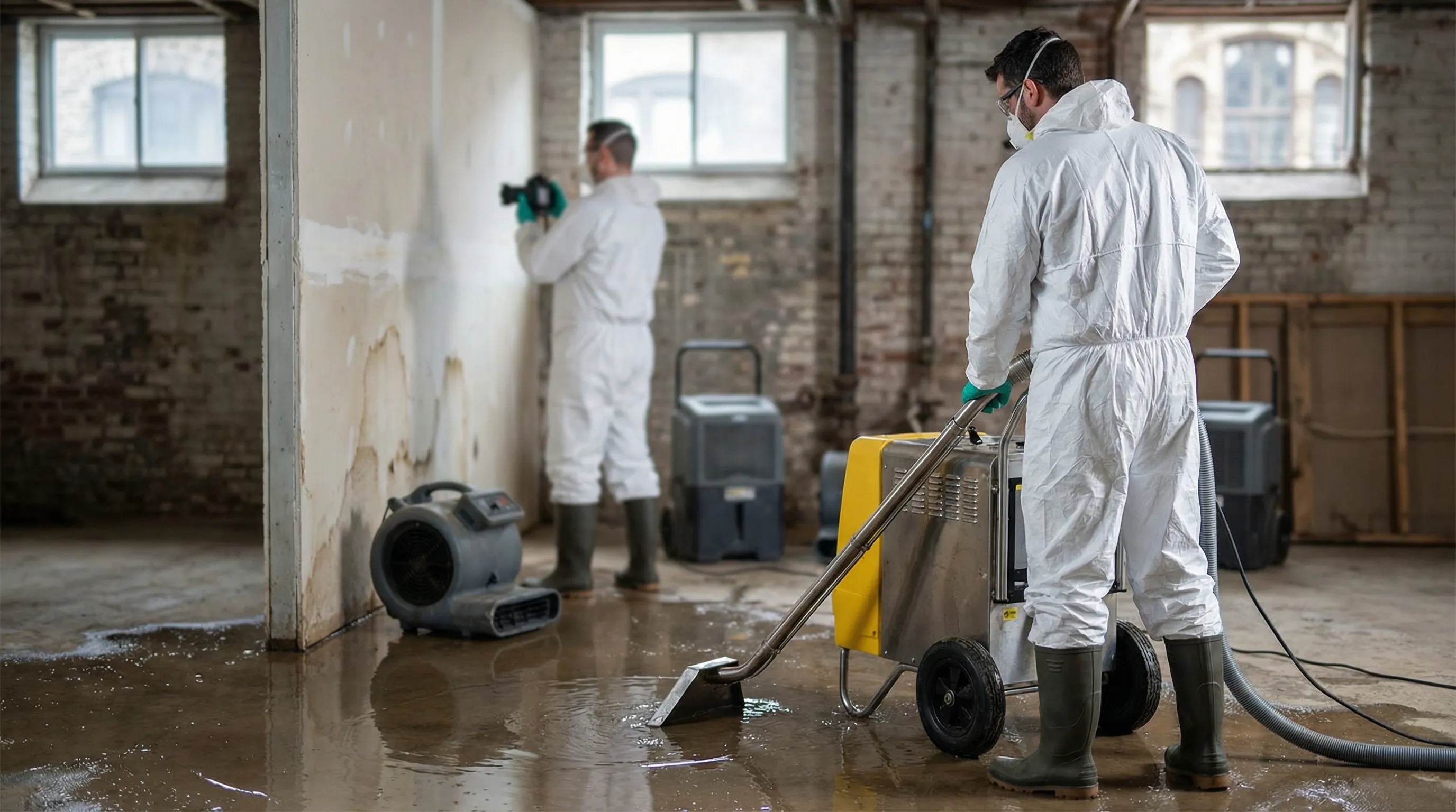 Water damage restoration technicians operating commercial extraction equipment in a flooded Bridgeport, CT basement