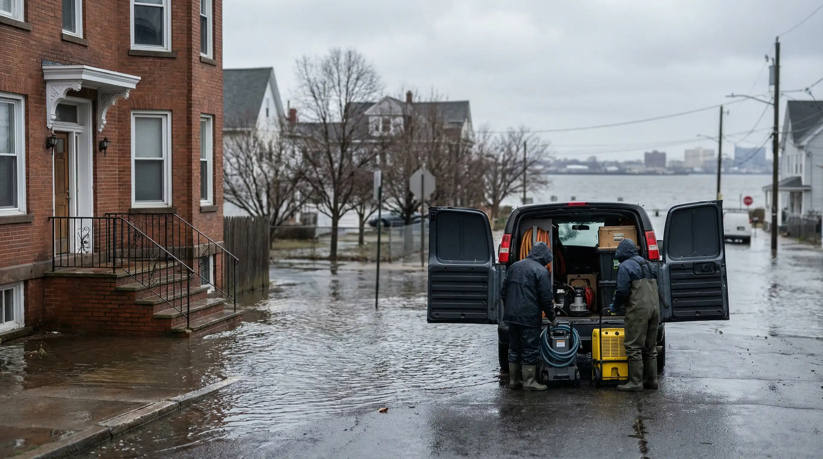 Water damage restoration technicians operating commercial extraction equipment in a flooded Bridgeport, CT basement