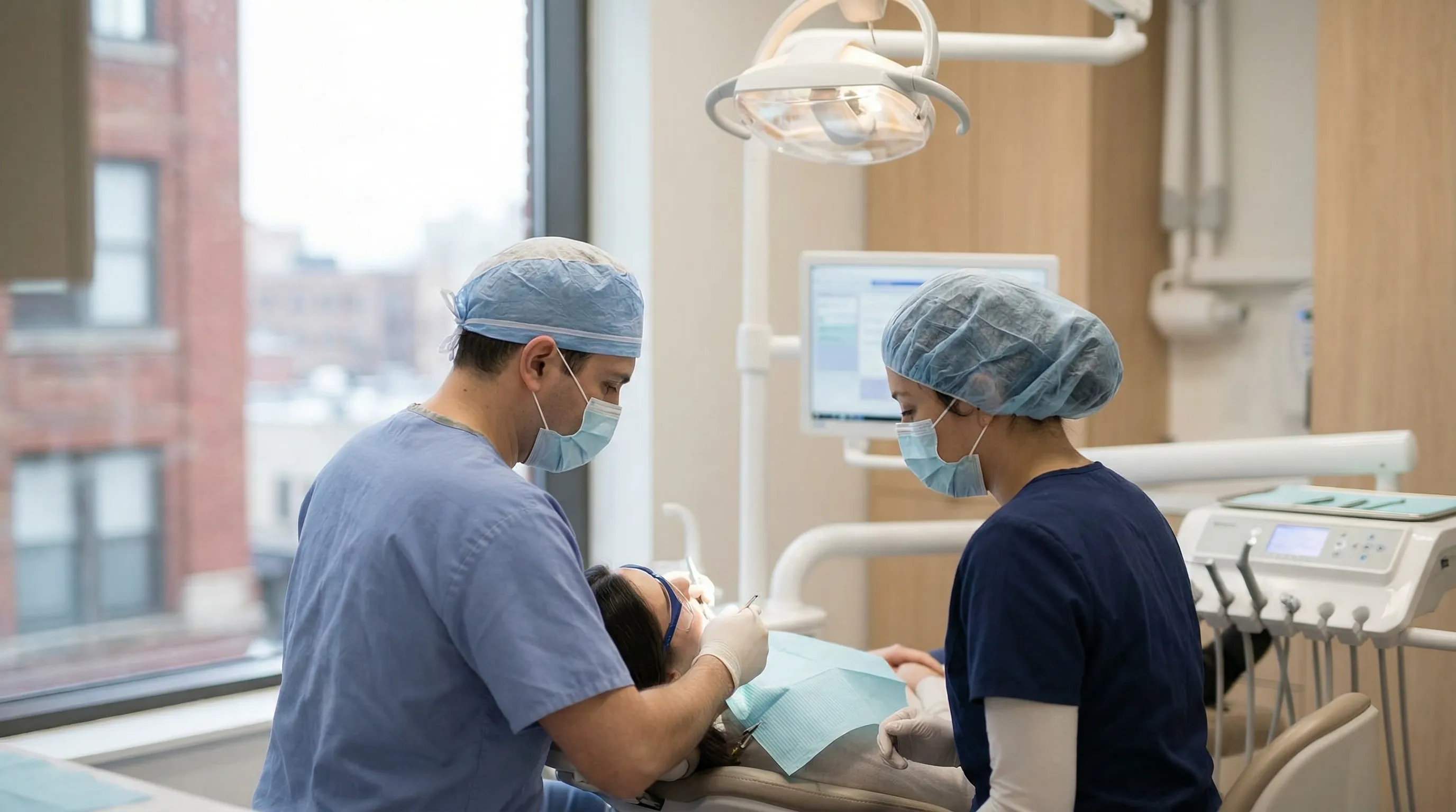 Dentist and hygienist working with a patient in a modern Bridgeport, CT dental practice treatment room
