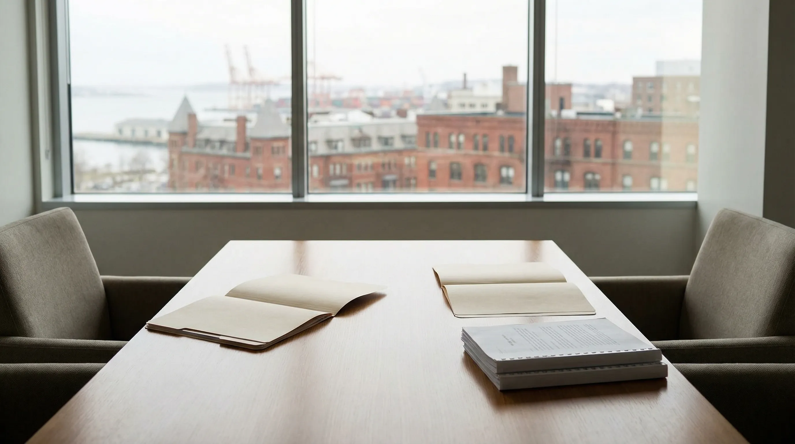 Professional law firm consultation room interior in downtown Bridgeport CT with attorney and client seated at conference table