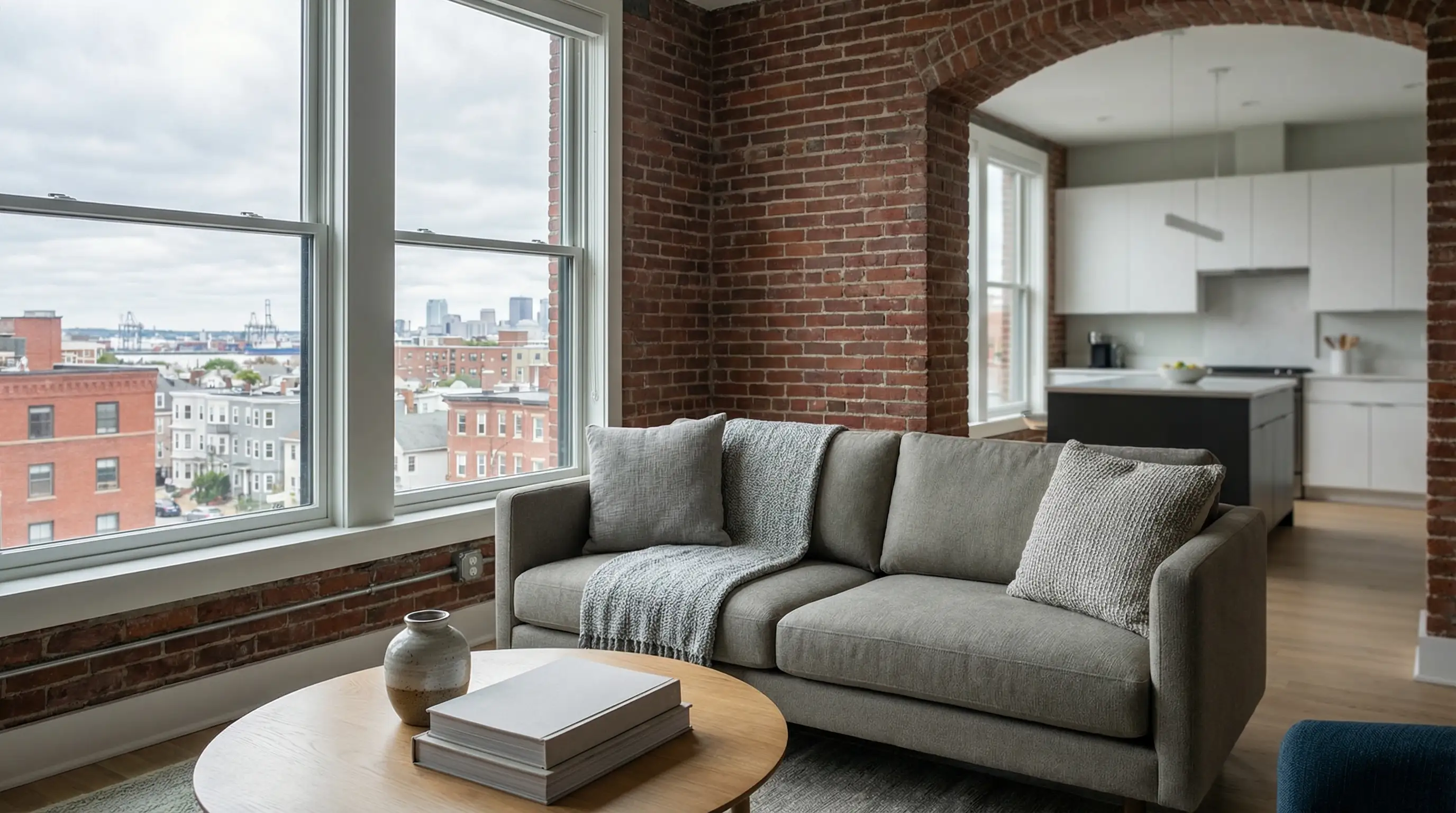 Aerial view of Bridgeport CT residential neighborhood with Victorian-era two-family homes and Long Island Sound visible in background