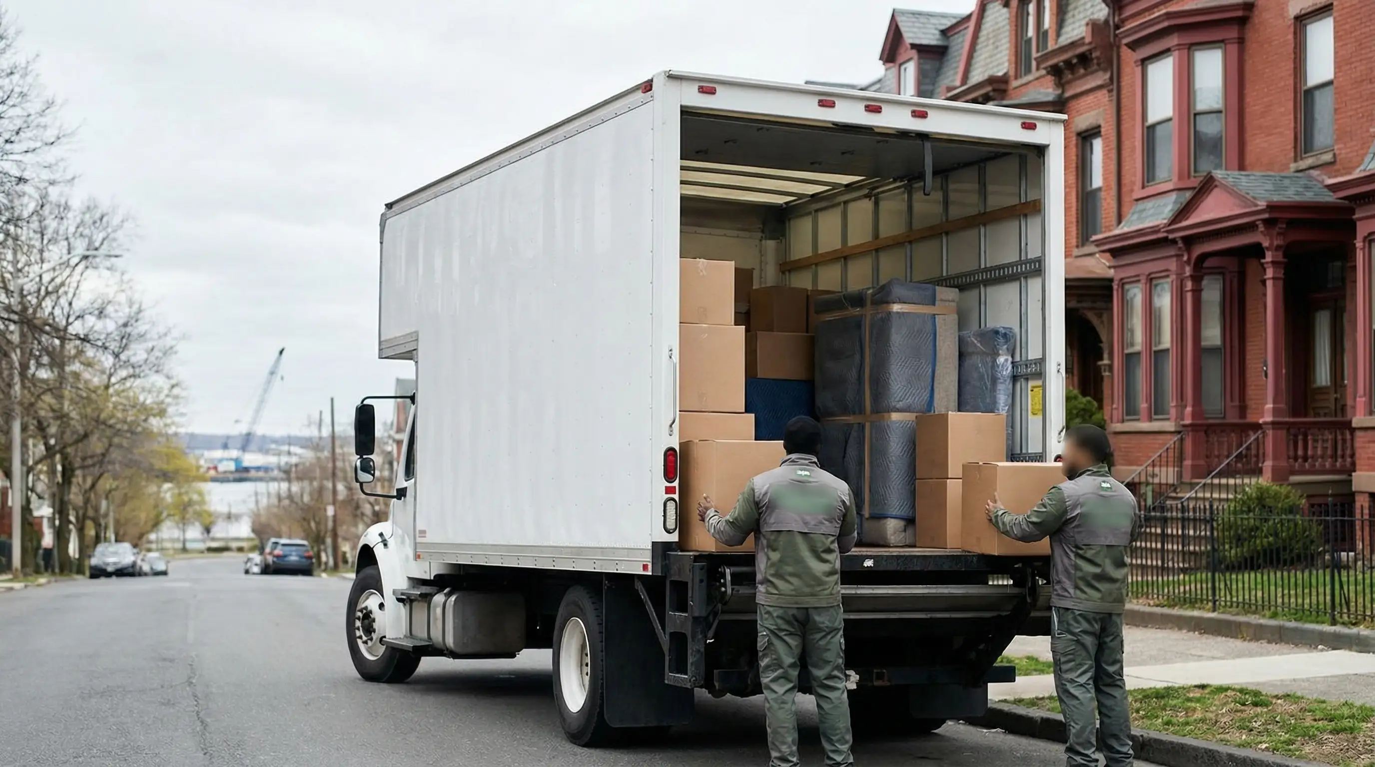 Two professional movers in branded uniforms loading a moving truck on a Bridgeport CT residential street with Victorian-era row homes in background