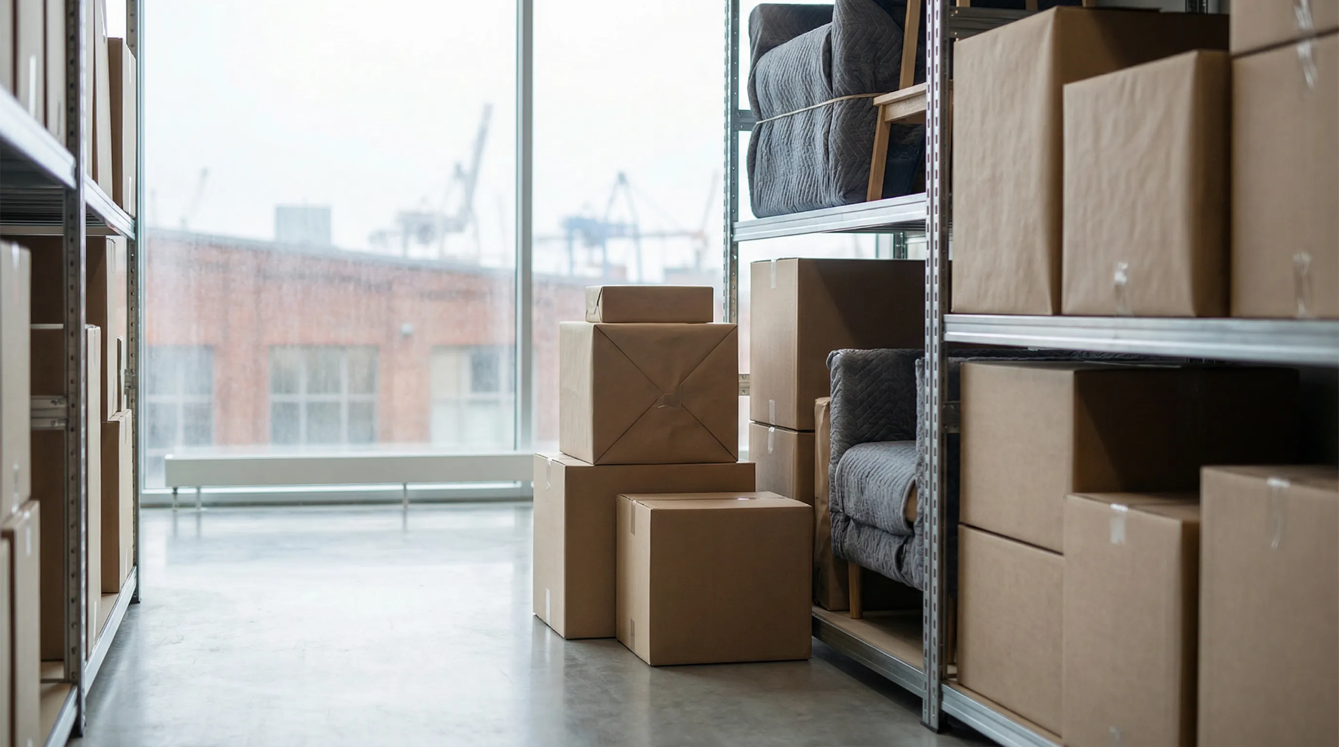 Two professional movers in branded uniforms loading a moving truck on a Bridgeport CT residential street with Victorian-era row homes in background
