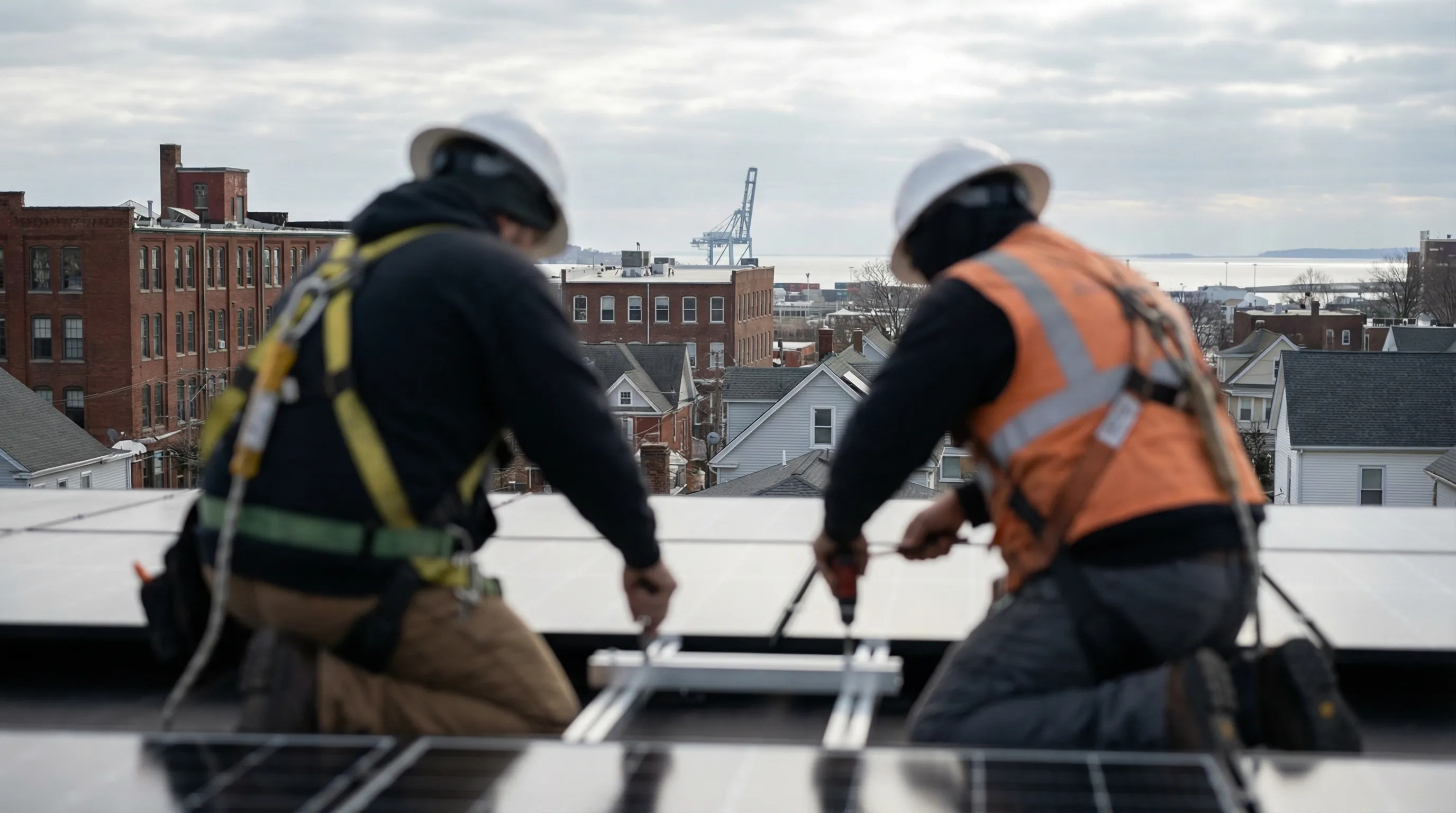 Solar panels installed on a well-maintained Bridgeport CT home rooftop with Long Island Sound visible in background on a clear day