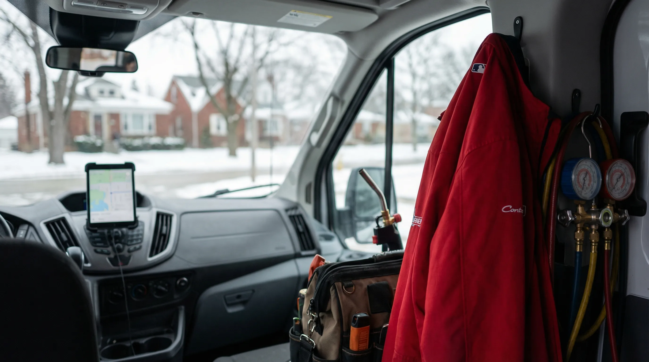 Professional HVAC technician servicing a furnace in a Rockford, IL residential home during winter