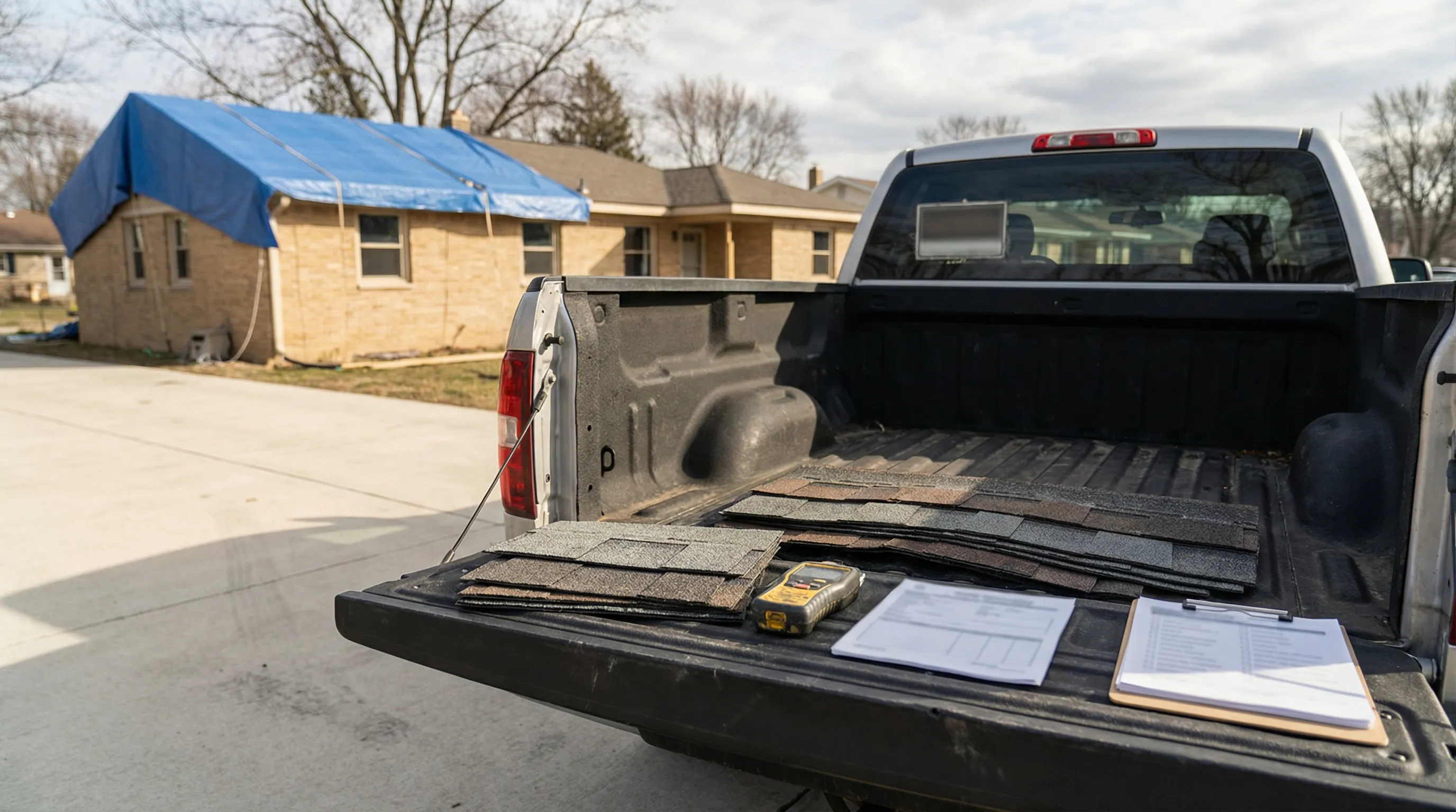 Roofing contractor inspecting hail damage on an asphalt shingle roof in a Rockford, IL residential neighborhood