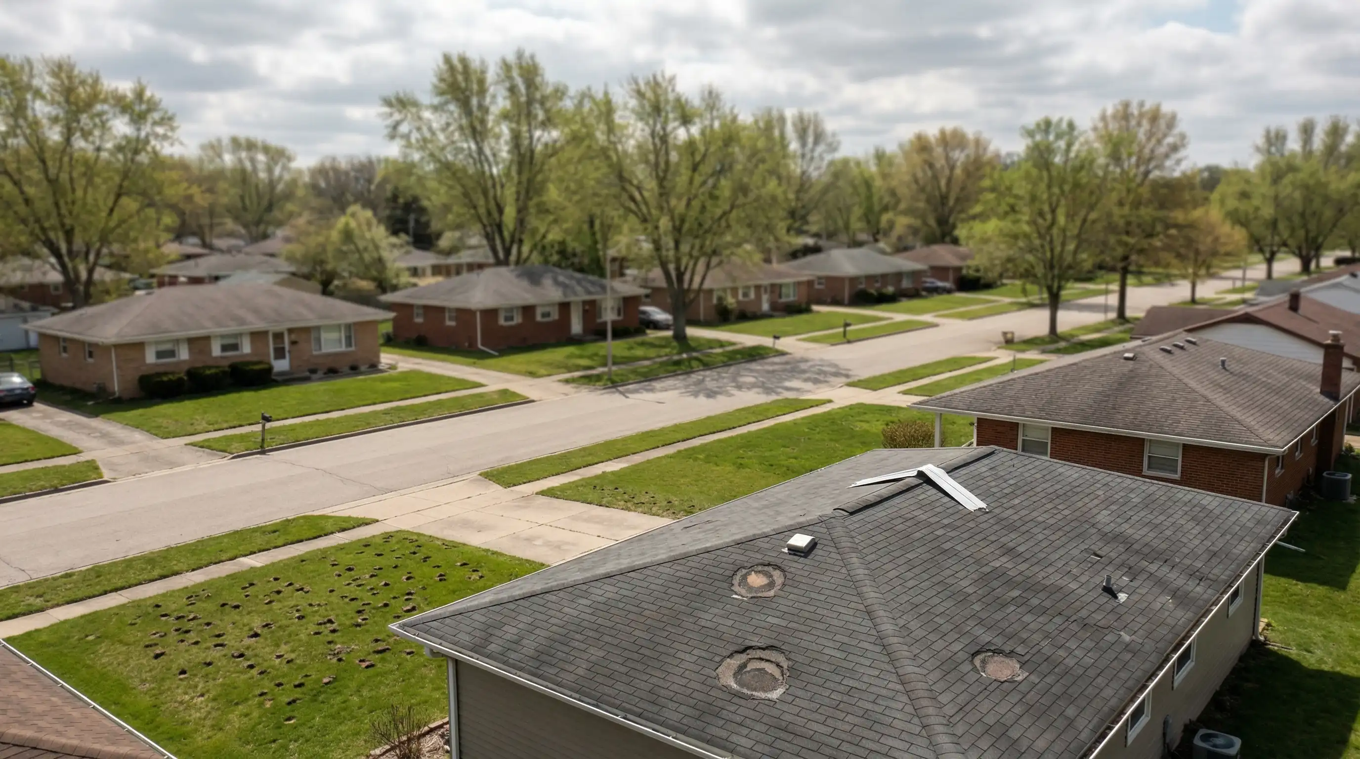 Roofing contractor inspecting hail damage on an asphalt shingle roof in a Rockford, IL residential neighborhood