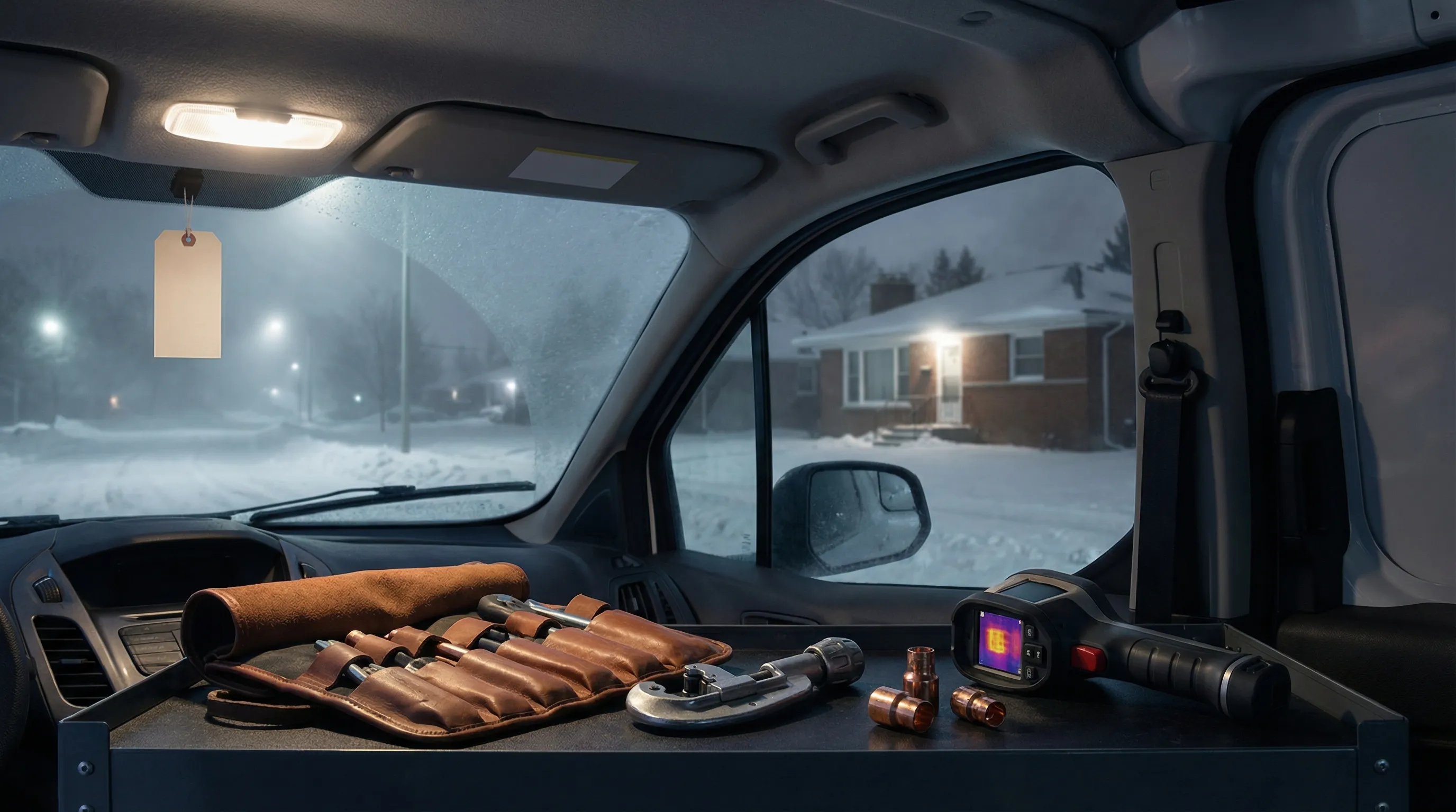 Licensed plumber repairing a burst pipe in a Rockford, IL basement during winter emergency call