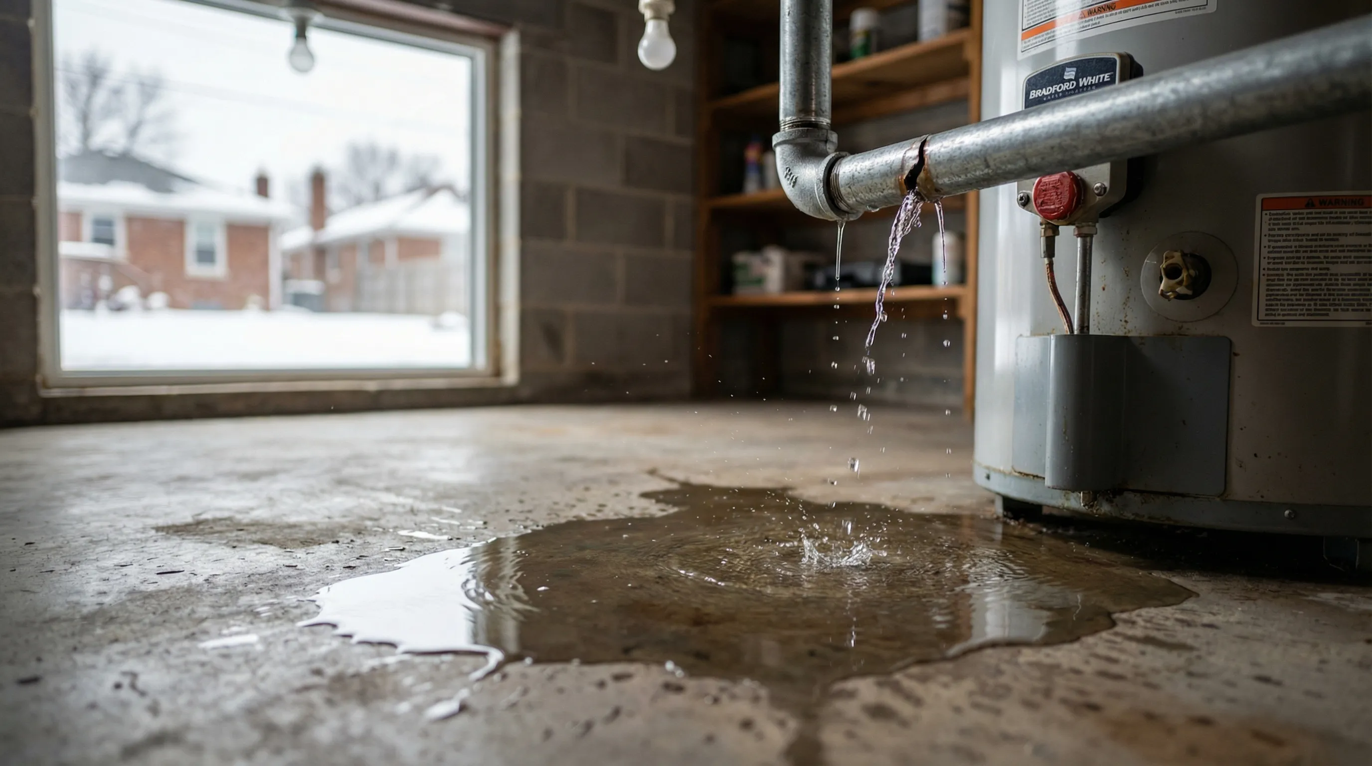 Licensed plumber repairing a burst pipe in a Rockford, IL basement during winter emergency call