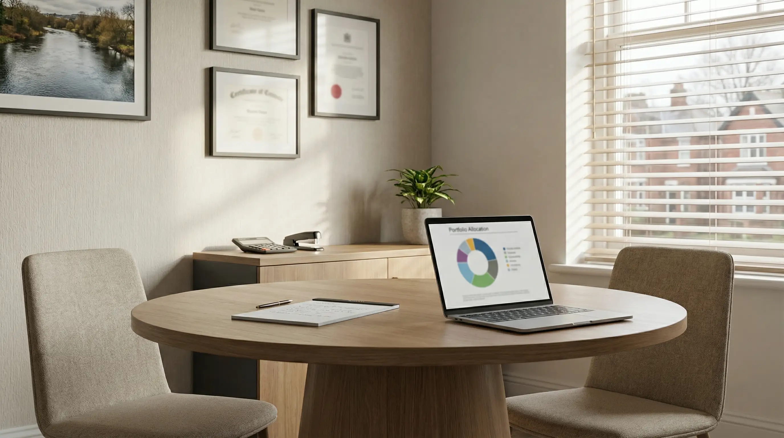 Independent financial advisor office in Rockford, IL with portfolio allocation chart on laptop screen and Rock River photo on the wall