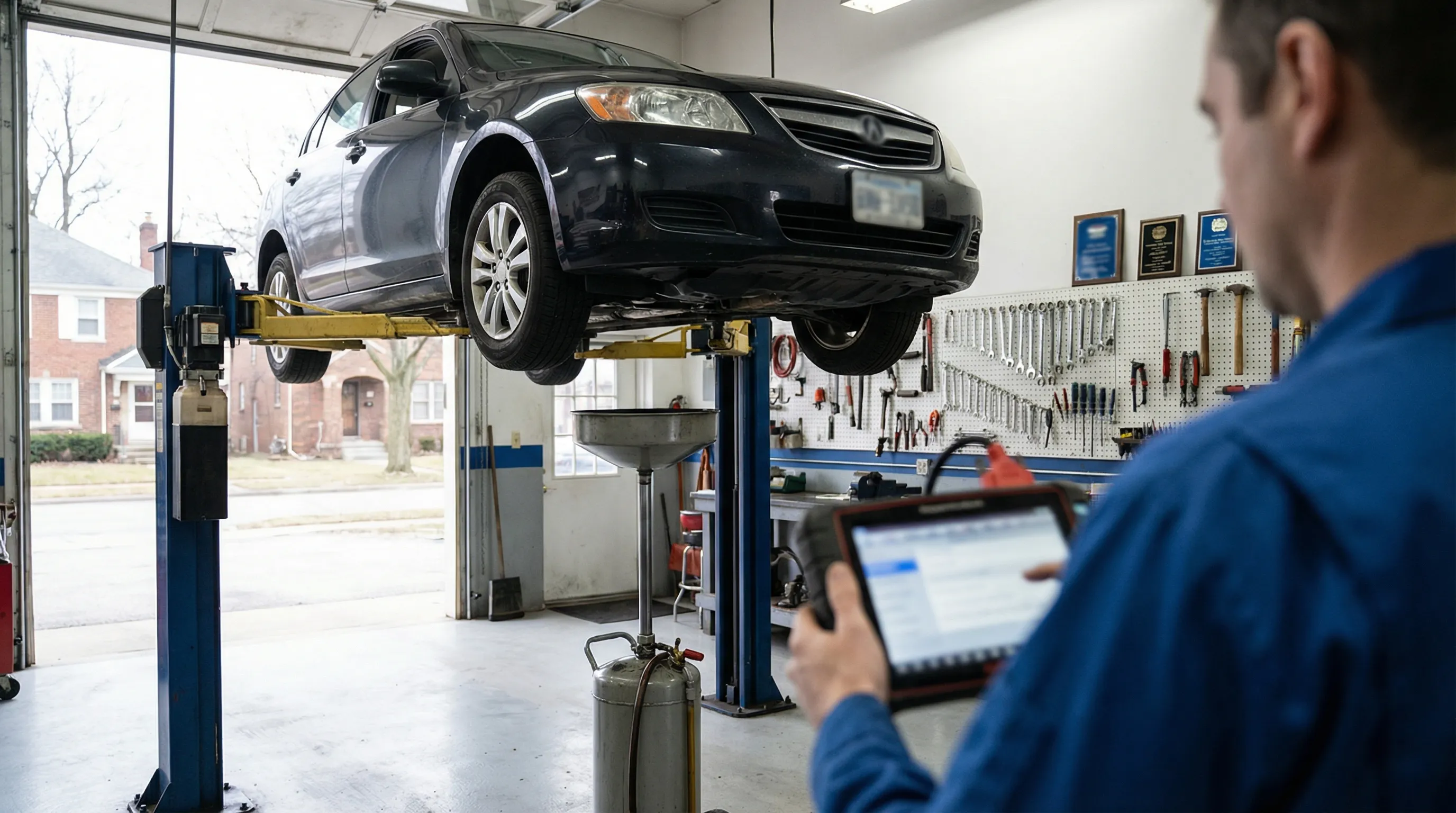 Independent auto repair shop bay in Rockford, IL with mechanic using OBD-II diagnostic scanner on a raised vehicle