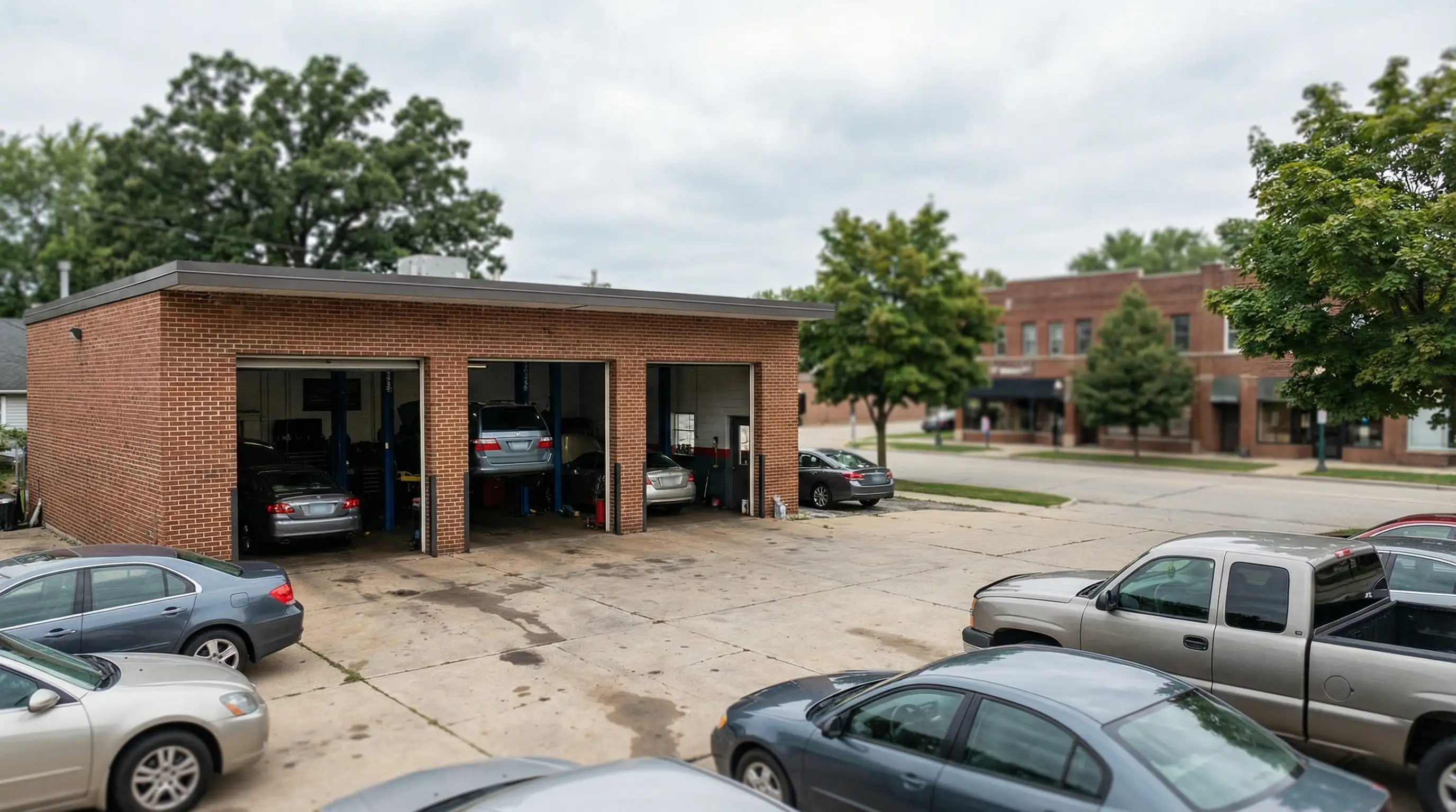 Independent auto repair shop bay in Rockford, IL with mechanic using OBD-II diagnostic scanner on a raised vehicle