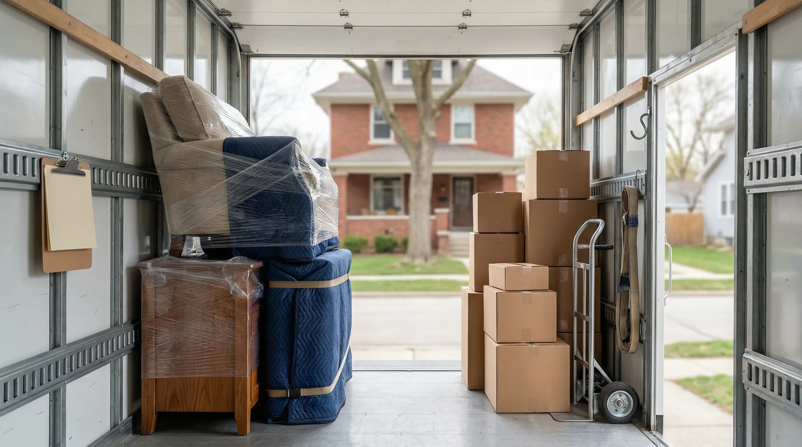 Moving truck parked in front of a Rockford, IL residential home with two movers carrying wrapped furniture through the front door on a clear May morning
