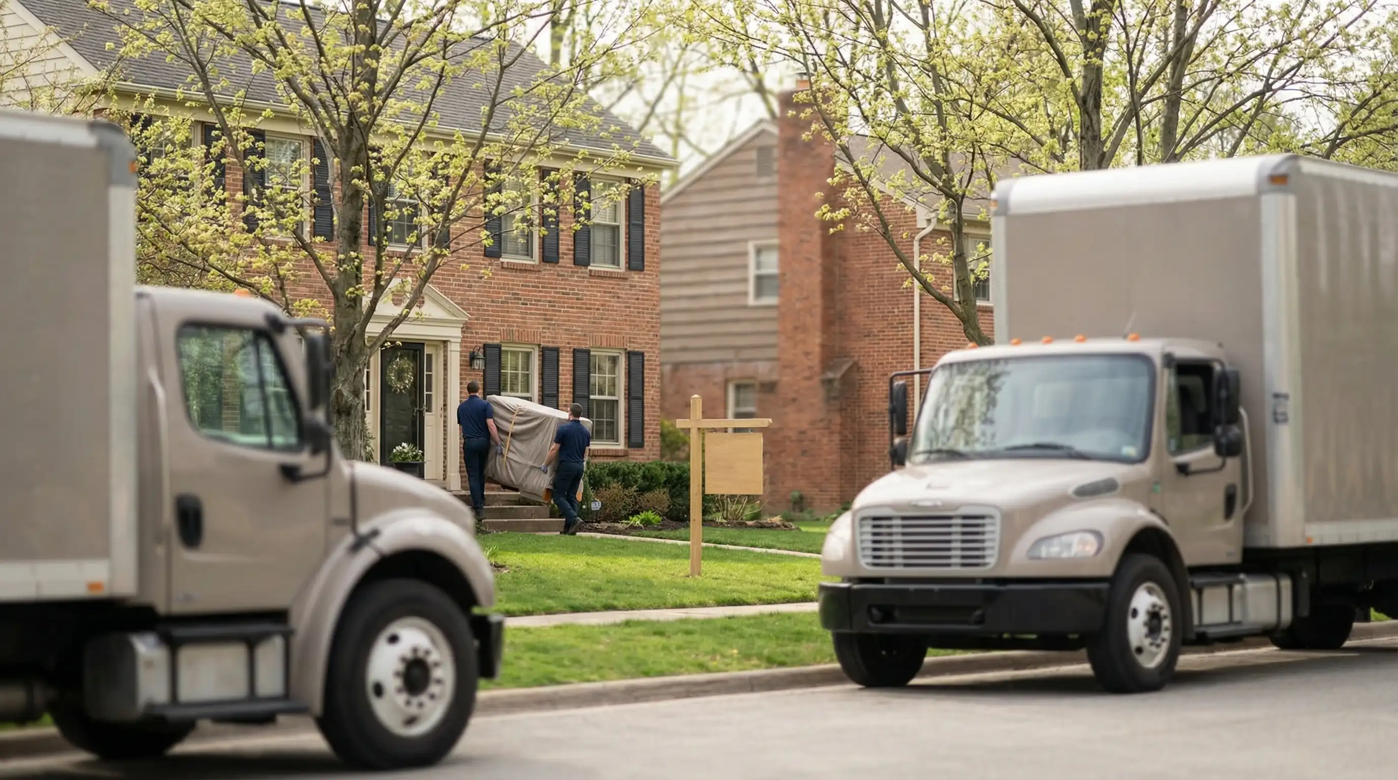 Moving truck parked in front of a Rockford, IL residential home with two movers carrying wrapped furniture through the front door on a clear May morning