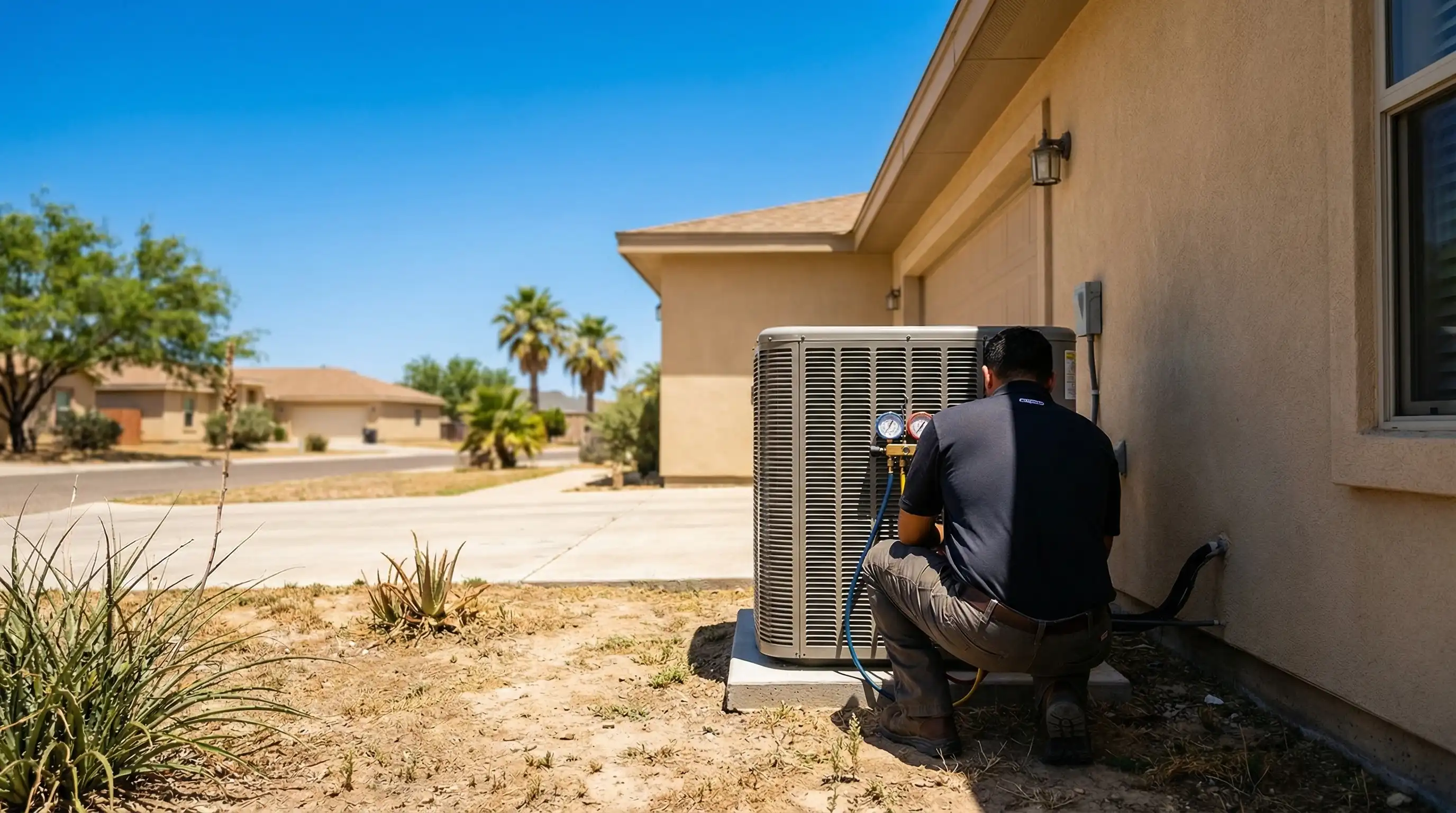 Professional HVAC technician servicing a residential air conditioning unit outside a stucco home in McAllen, TX